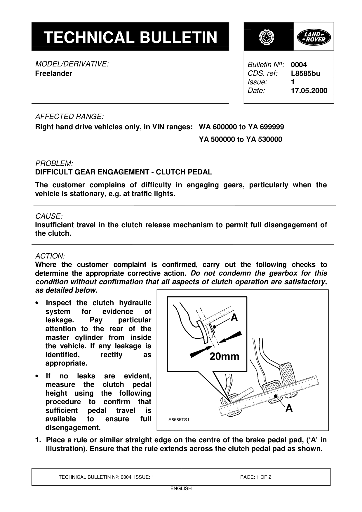 Difficult Gear Engagement - Clutch Pedal – bulletin page 1