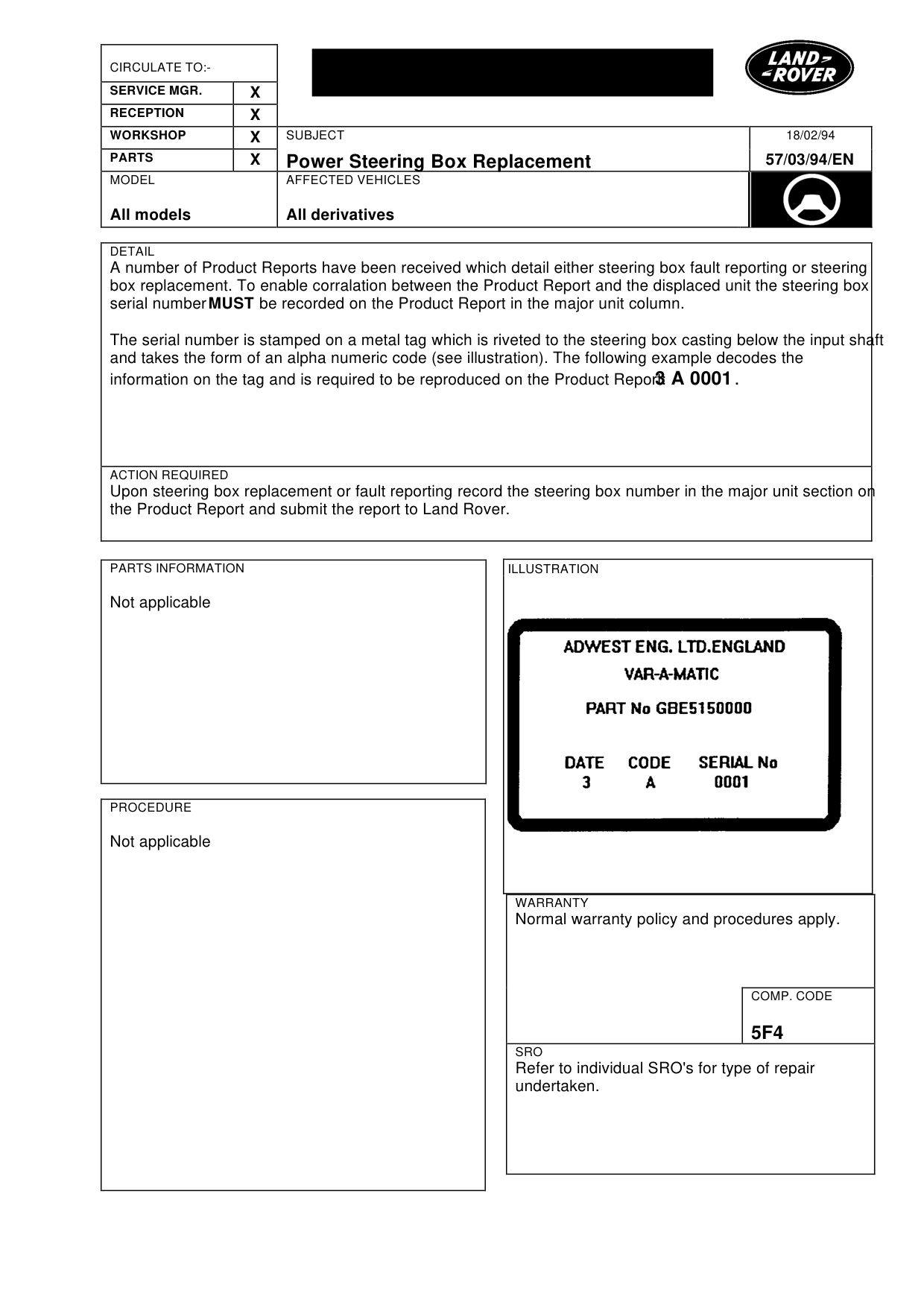 Power Steering Box Replacement – bulletin page 1