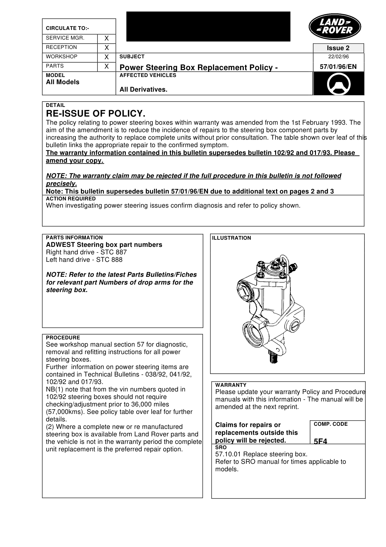 Power Steering Box Replacement Policy-Adwest – bulletin page 1