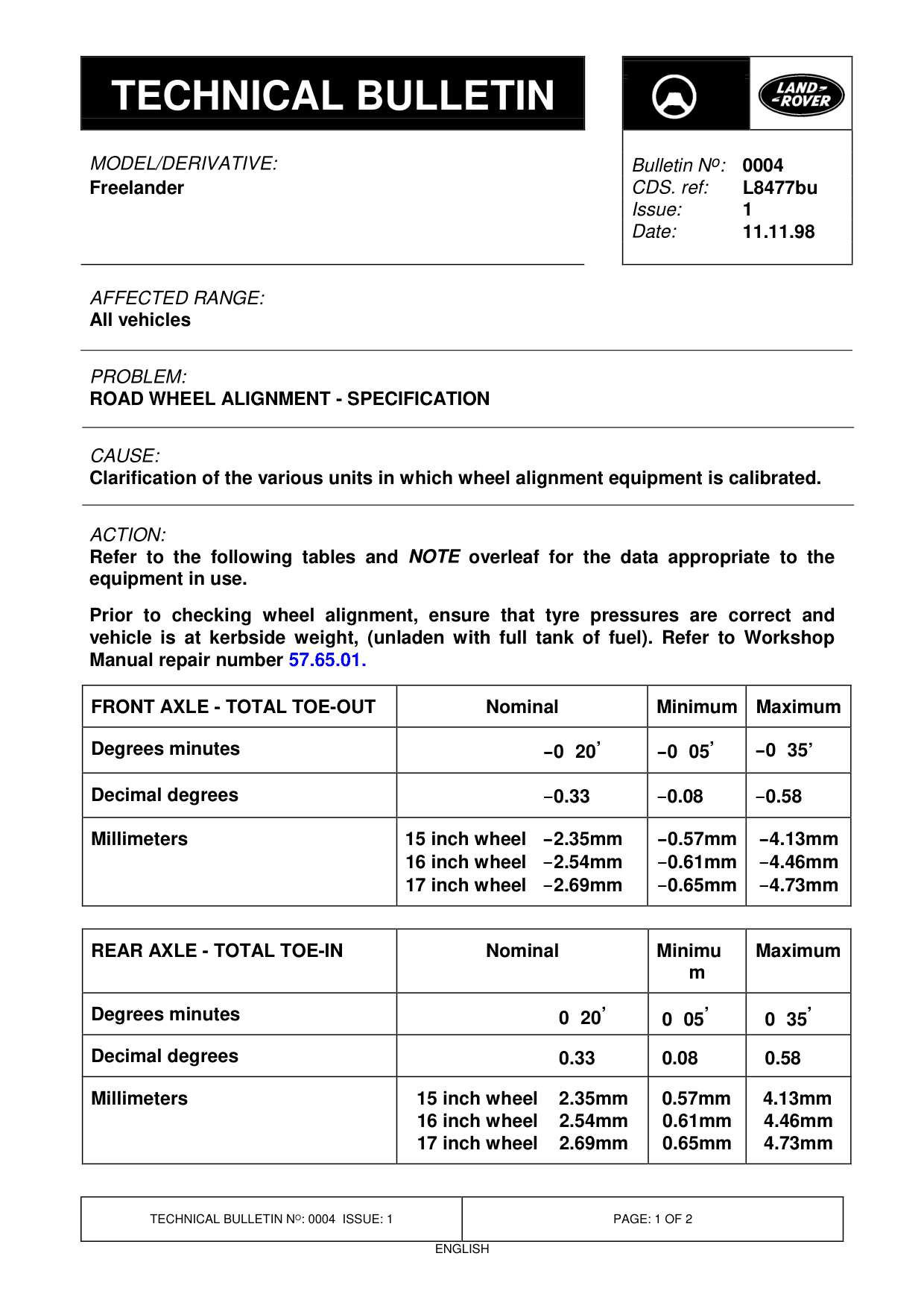 Road Wheel Alignment - Specification – bulletin page 1