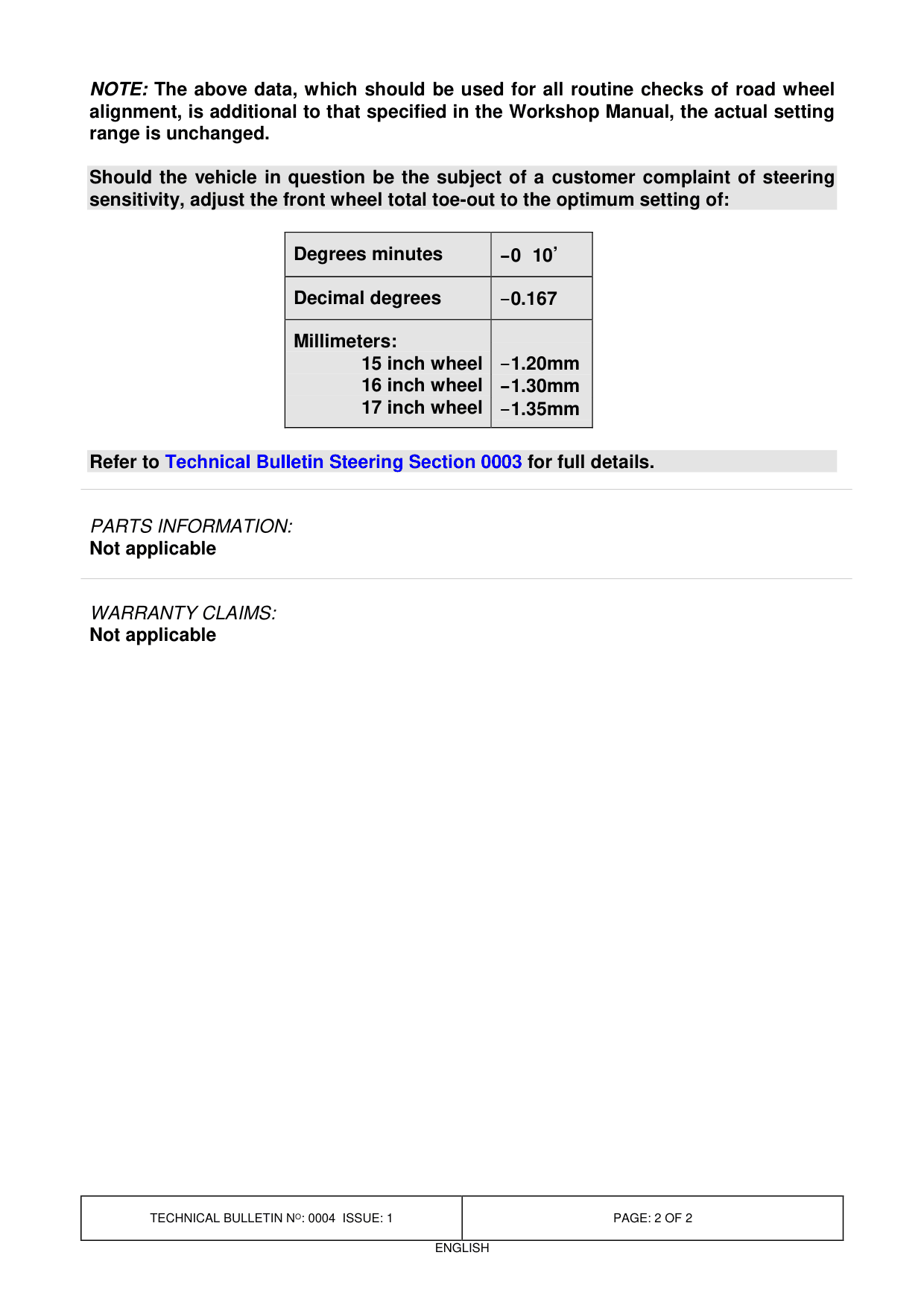 Road Wheel Alignment - Specification – bulletin page 2