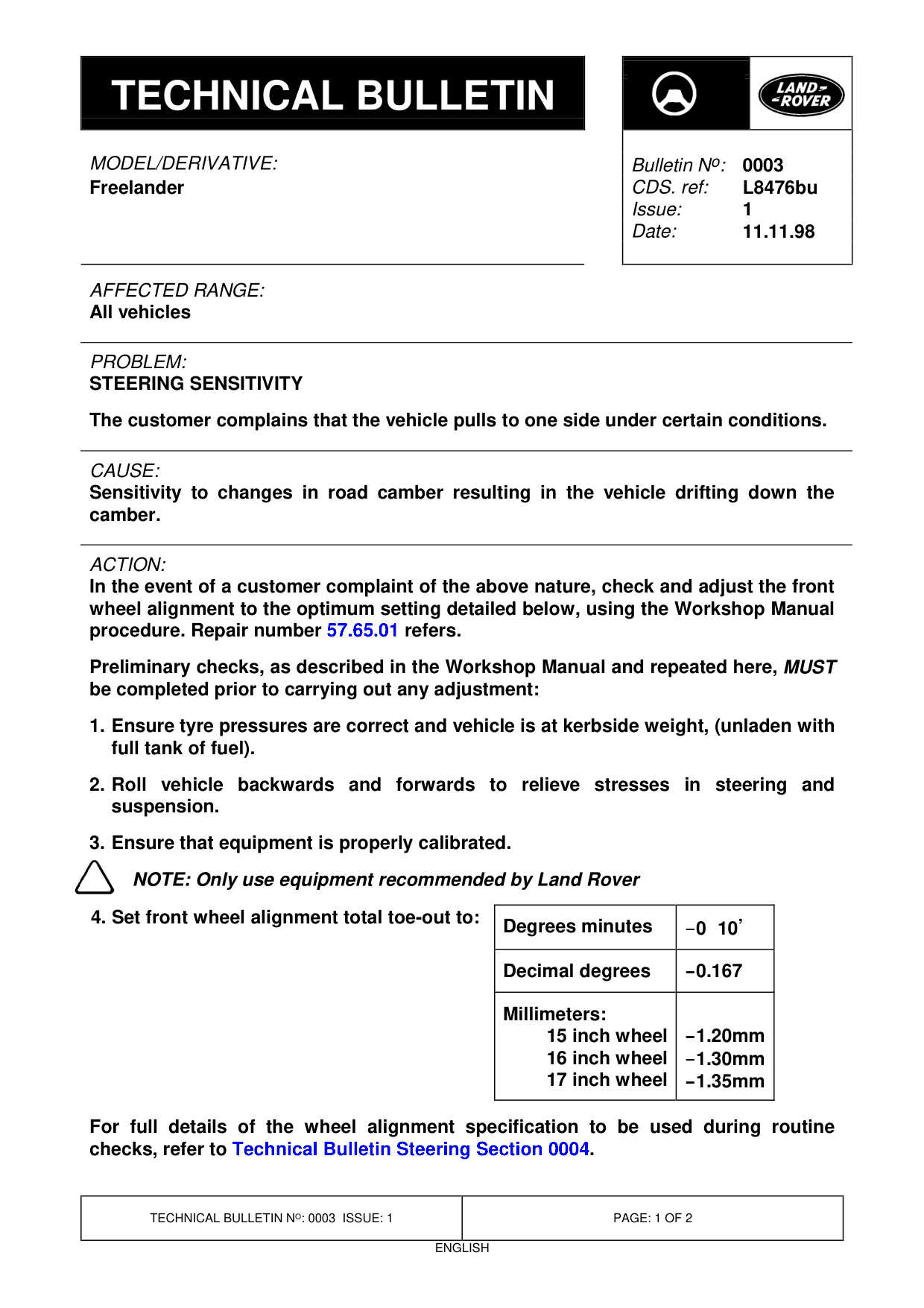 Steering Sensitivity – bulletin page 1