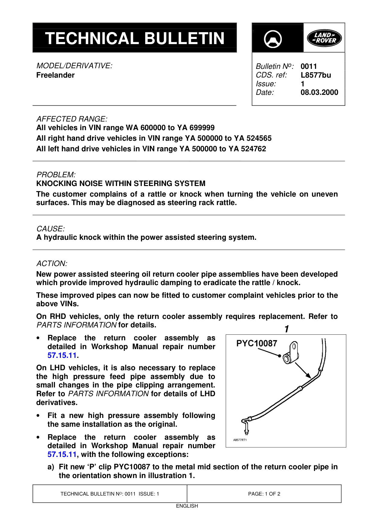Knocking Noise Within Steering System – bulletin page 1