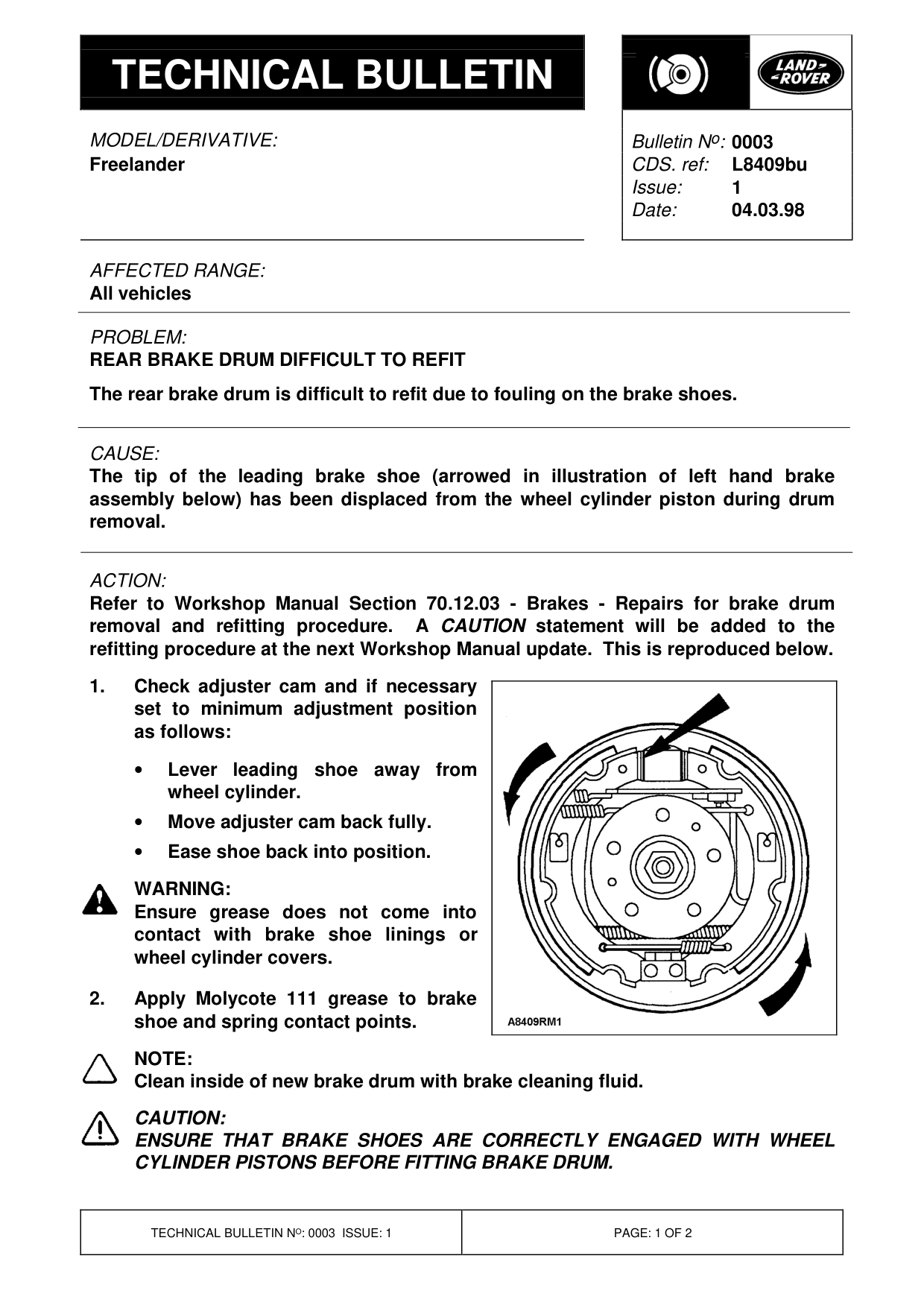 Rear Brake Drum Difficult To Refit – bulletin page 1