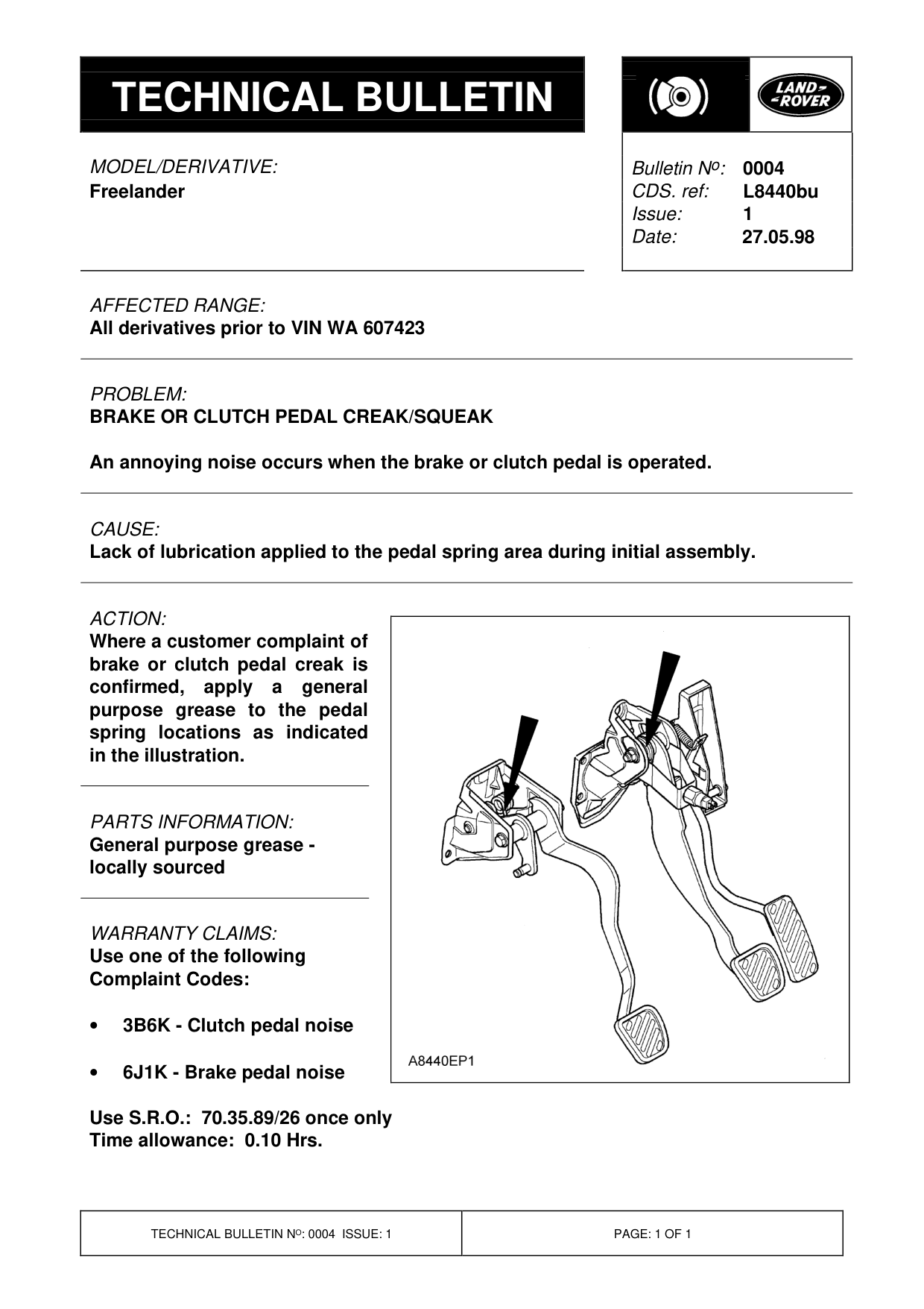Brake Or Clutch Pedal Creak/Squeak – bulletin page 1