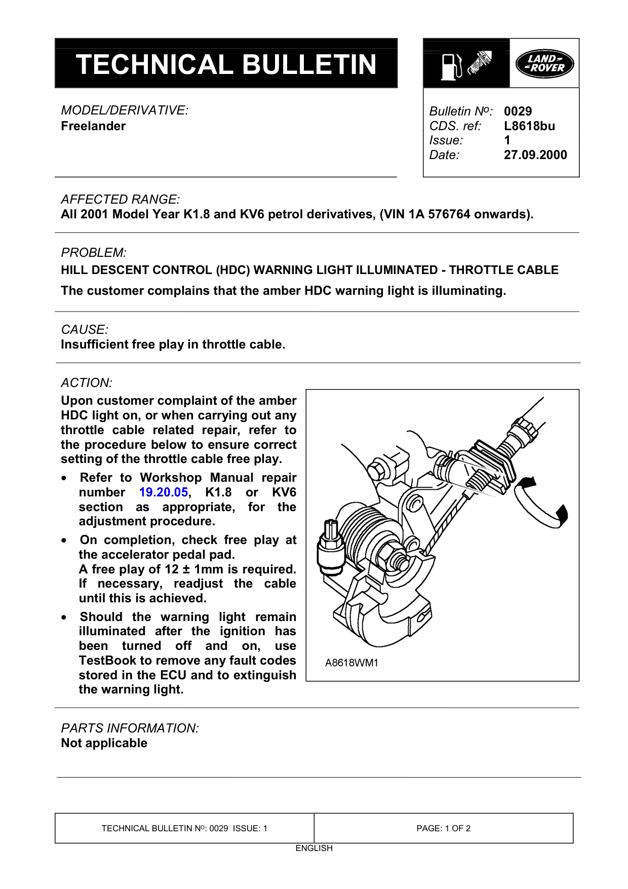Hill Descent Control (Hdc) Warning Light Illuminated - Throttle Cable – bulletin page 1