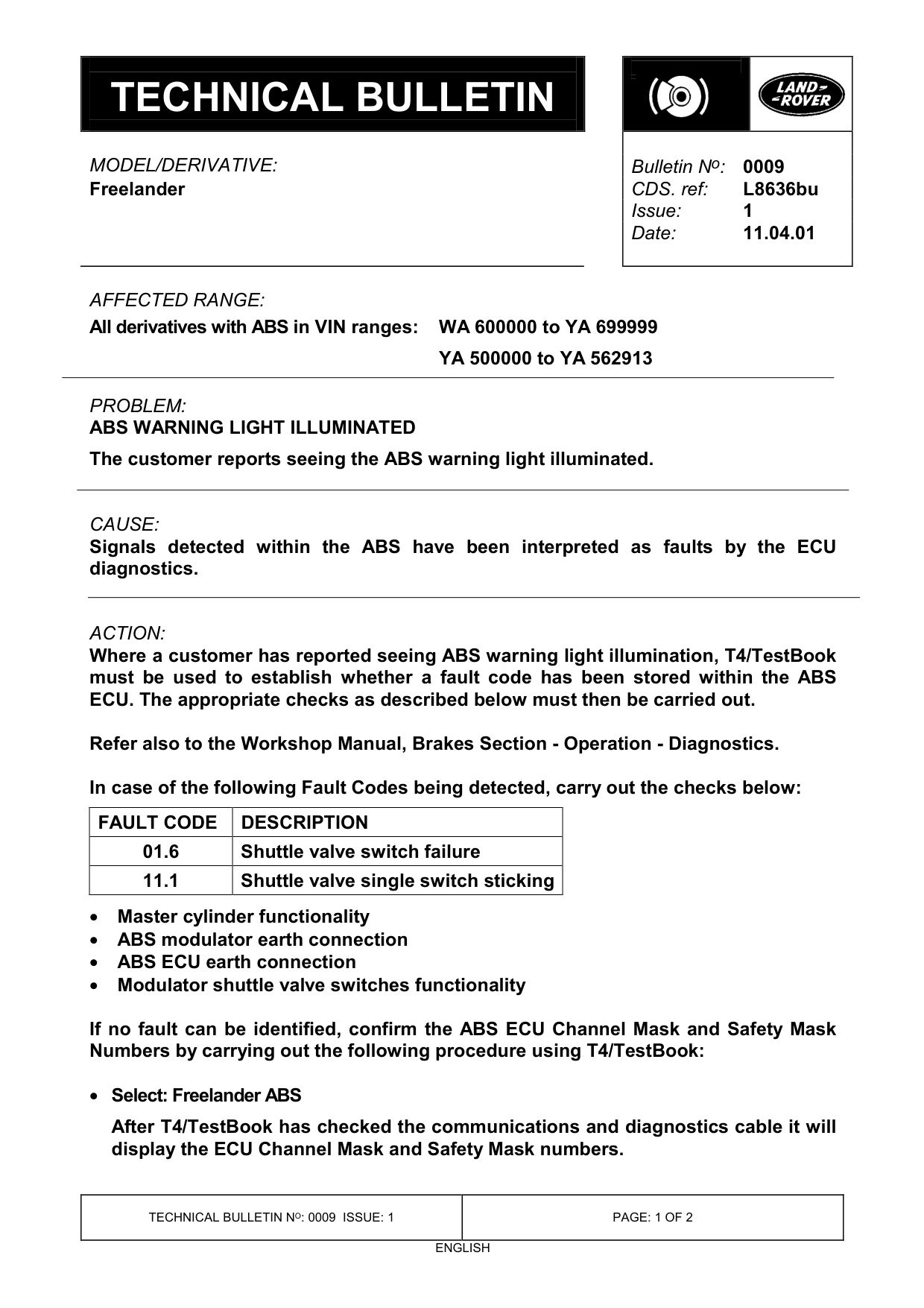 Abs Warning Light Illuminated – bulletin page 1