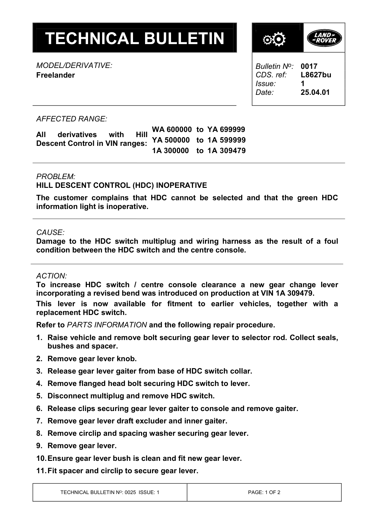 Hill Descent Control (Hdc) Inoperative – bulletin page 1