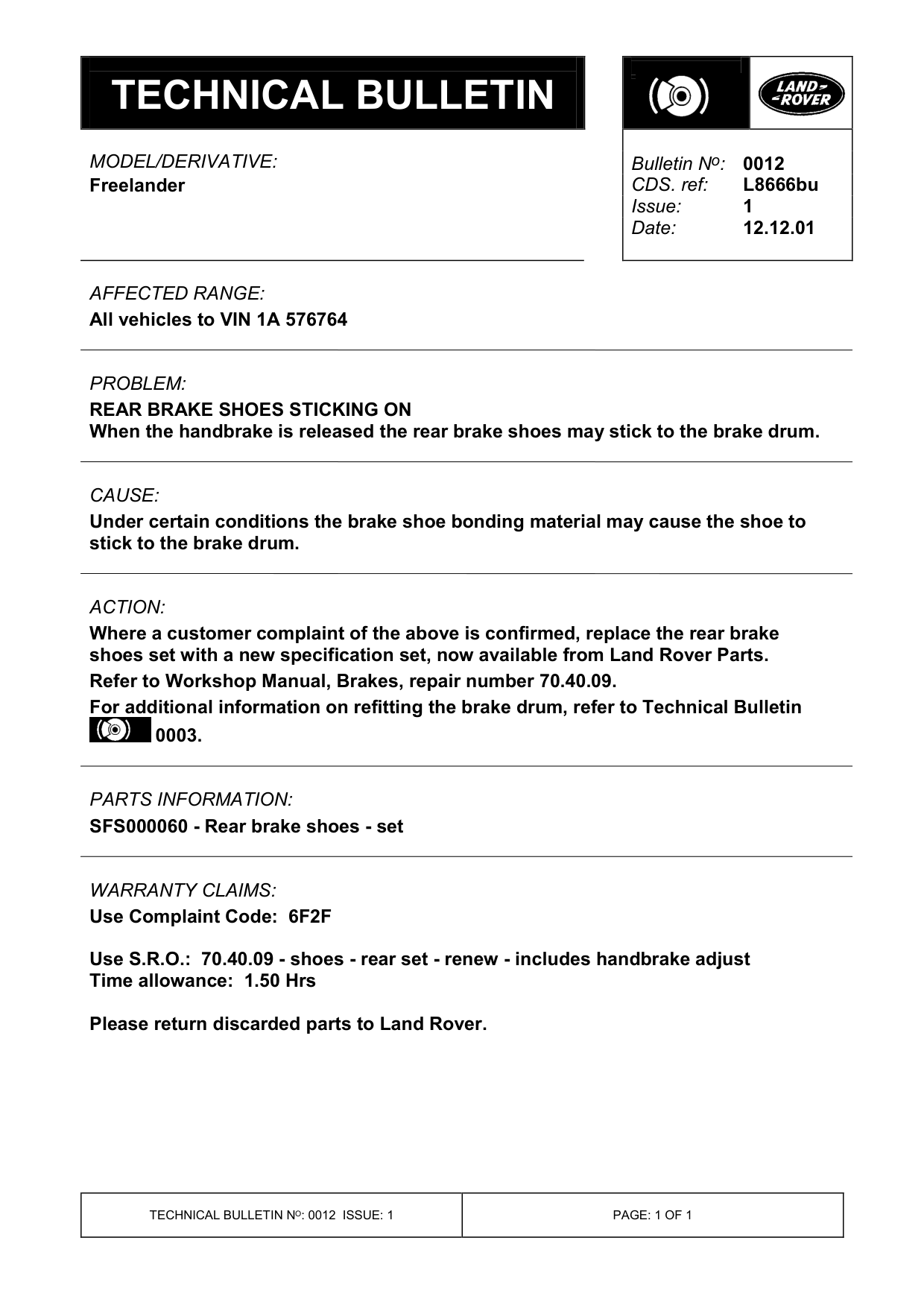 Rear Brake Shoes Sticking On – bulletin page 1