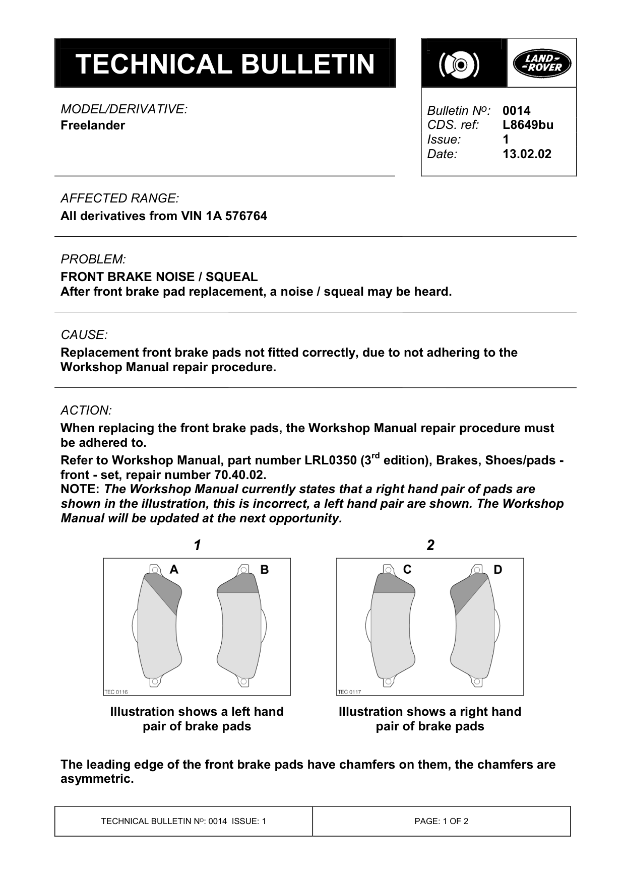Front Brake Noise / Squeal – bulletin page 1