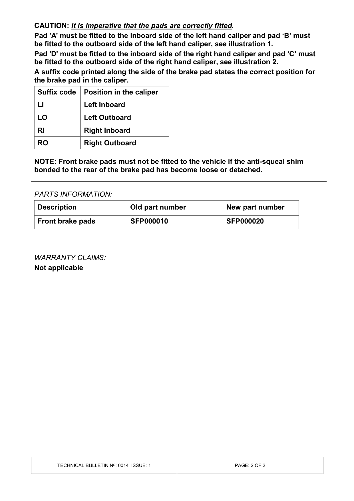 Front Brake Noise / Squeal – bulletin page 2