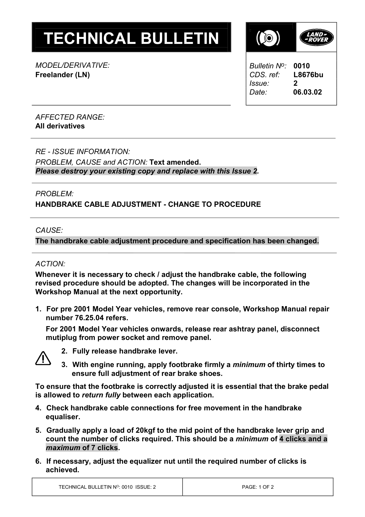 Handbrake Cable Adjustment - Change To Procedure – bulletin page 1