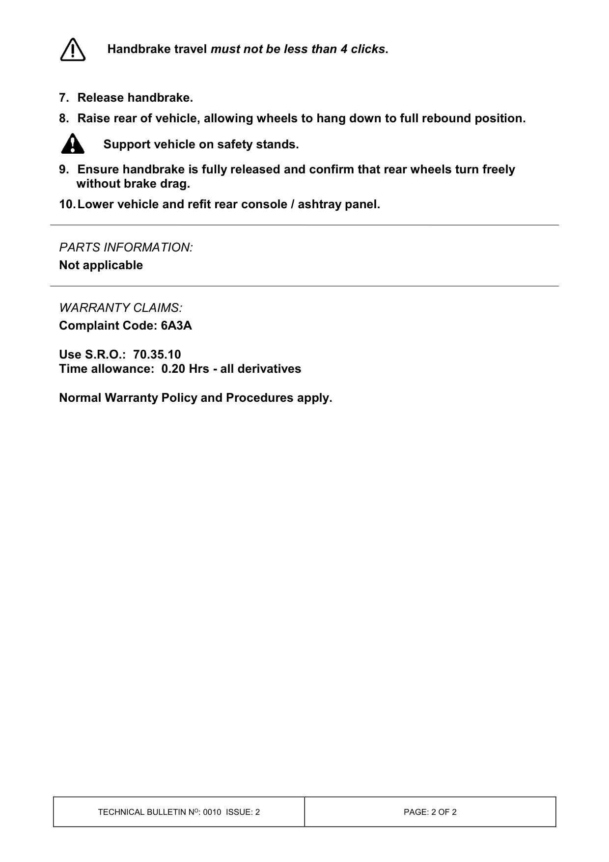 Handbrake Cable Adjustment - Change To Procedure – bulletin page 2