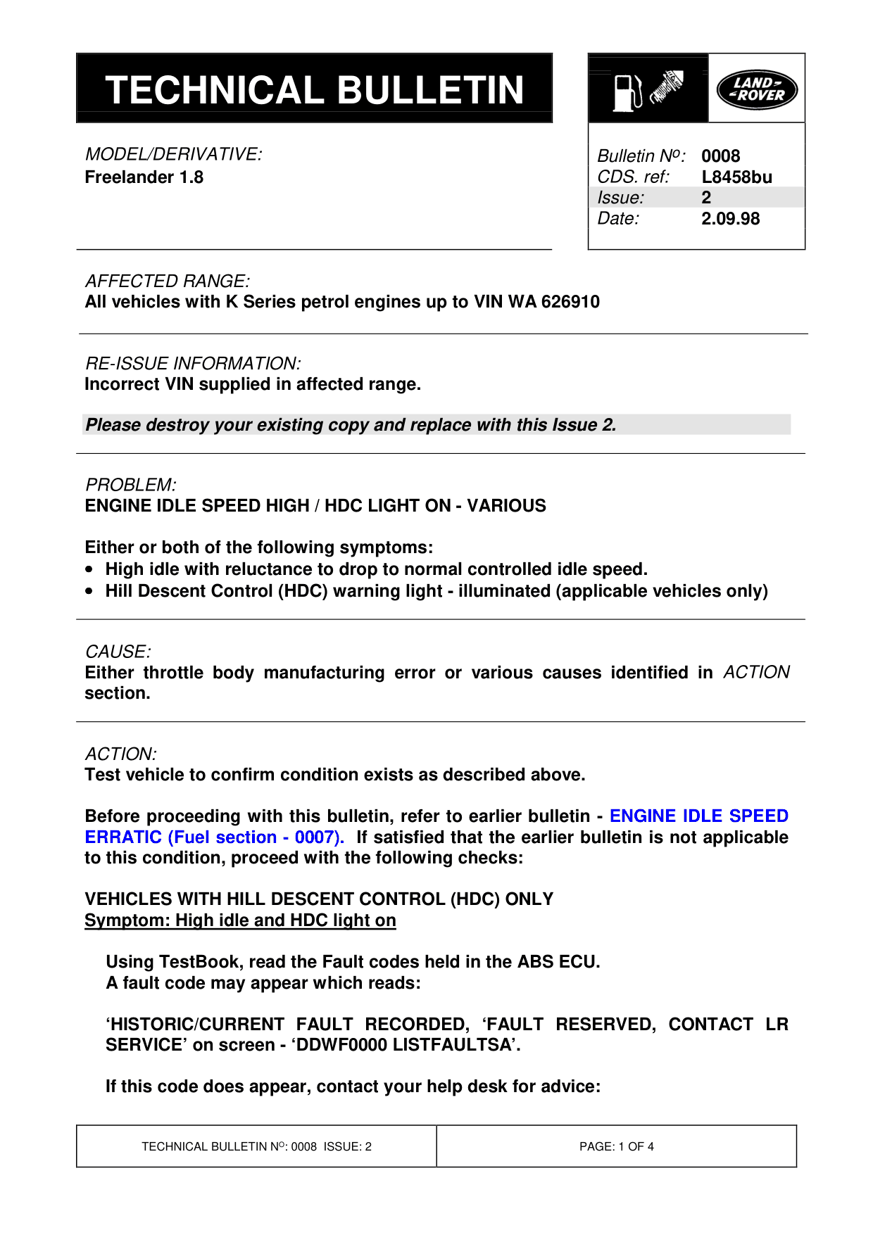Engine Idle Speed High / Hdc Light On - Various – bulletin page 1