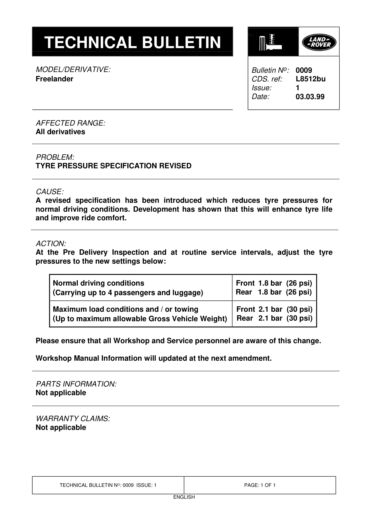 Tyre Pressure Specification Revised – bulletin page 1