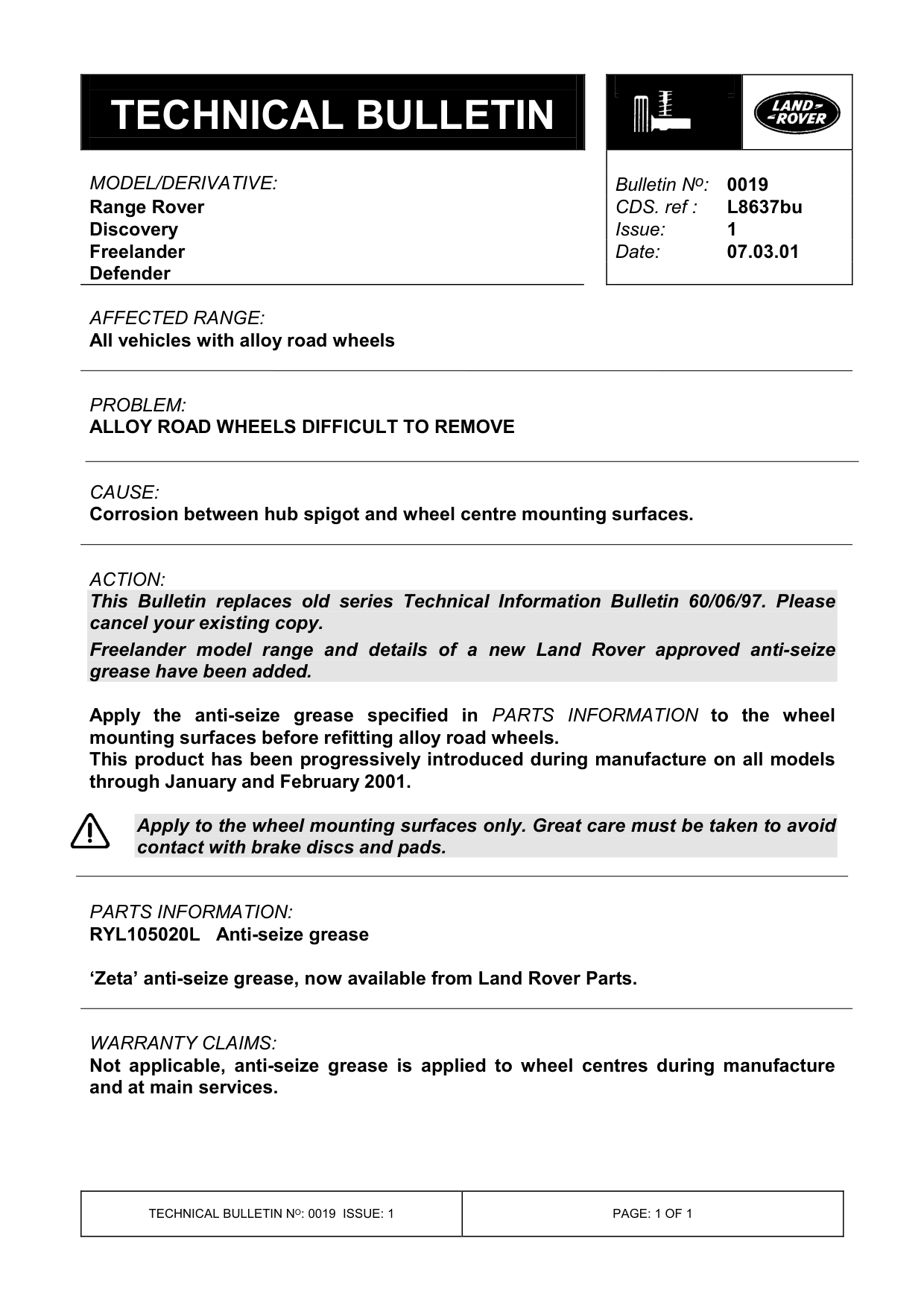 Alloy Road Wheels Difficult To Remove – bulletin page 1