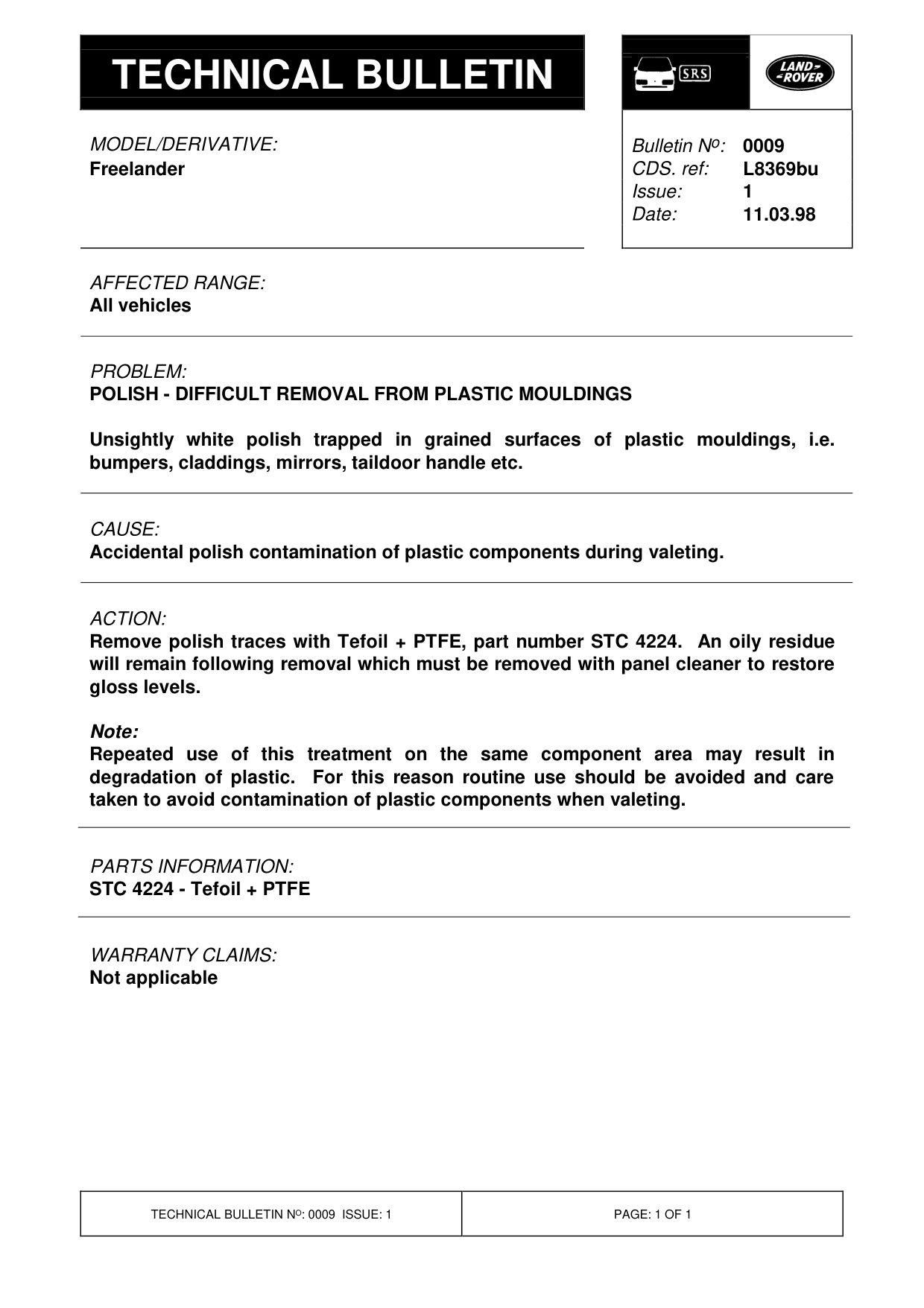 Polish - Difficult Removal From Plastic Mouldings – bulletin page 1