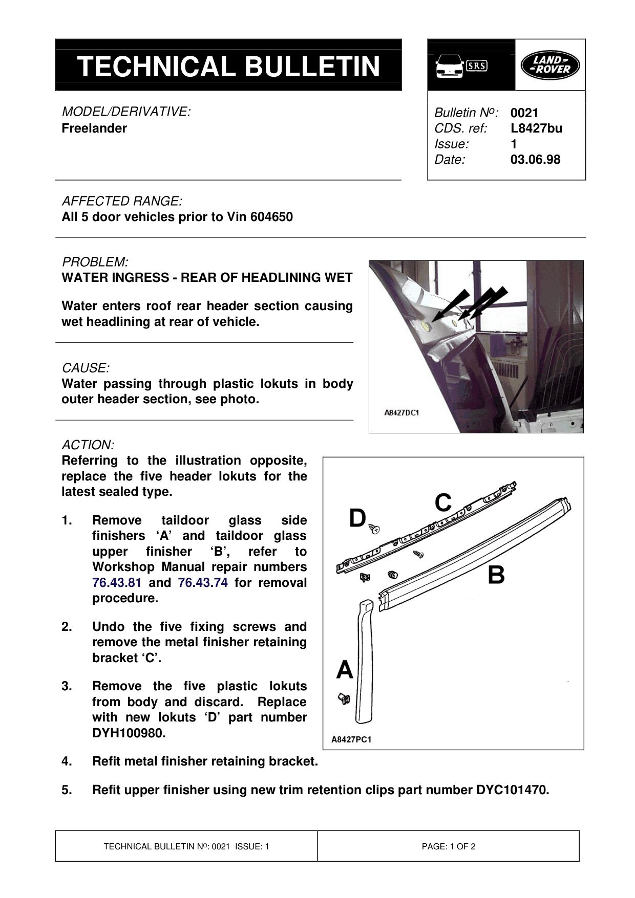 Water Ingress - Rear Of Headlining Wet – bulletin page 1