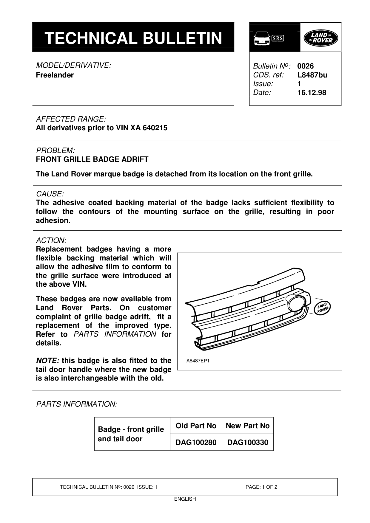 Front Grille Badge Adrift – bulletin page 1
