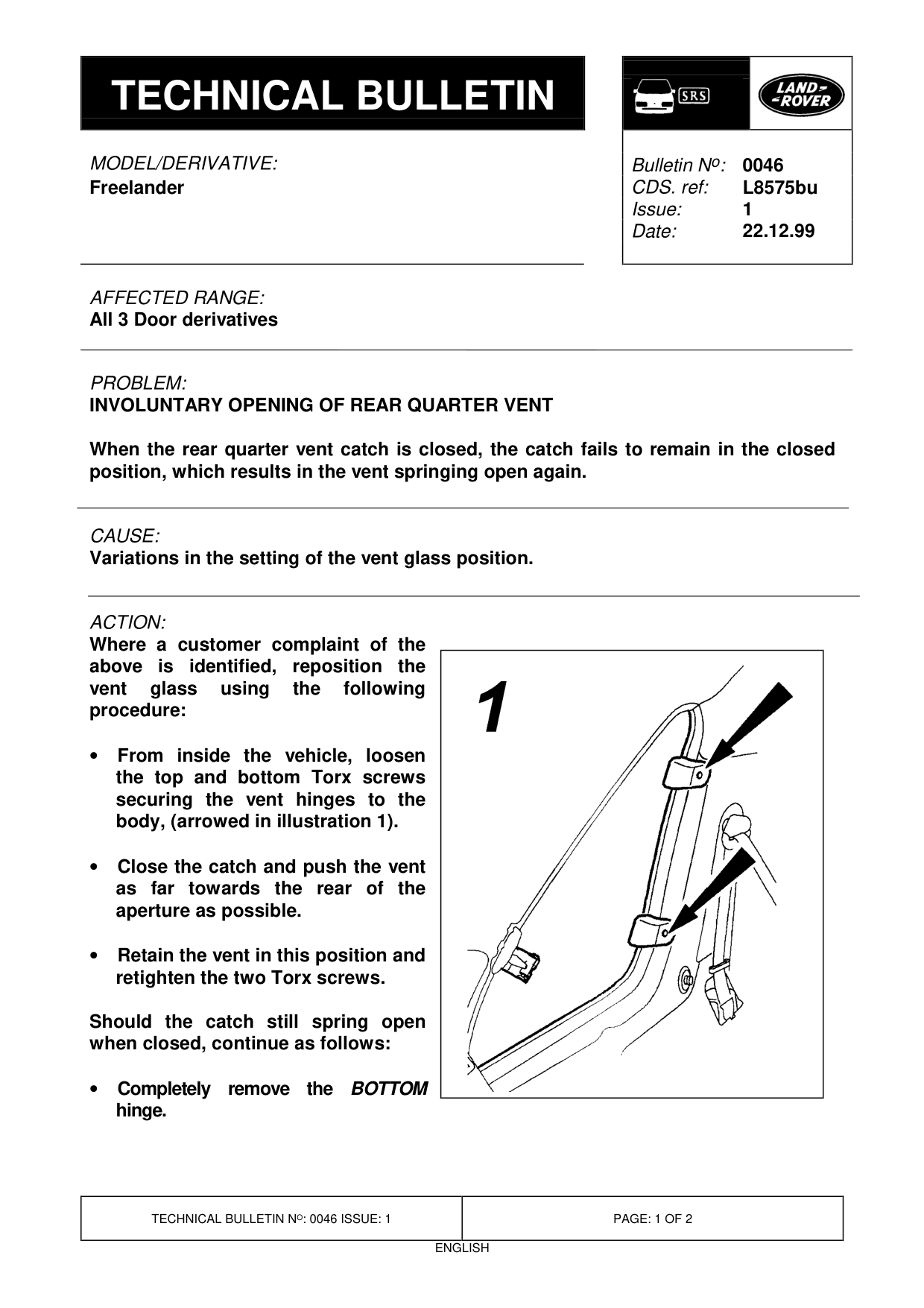 Involuntary Opening Of Rear Quarter Vent – bulletin page 1