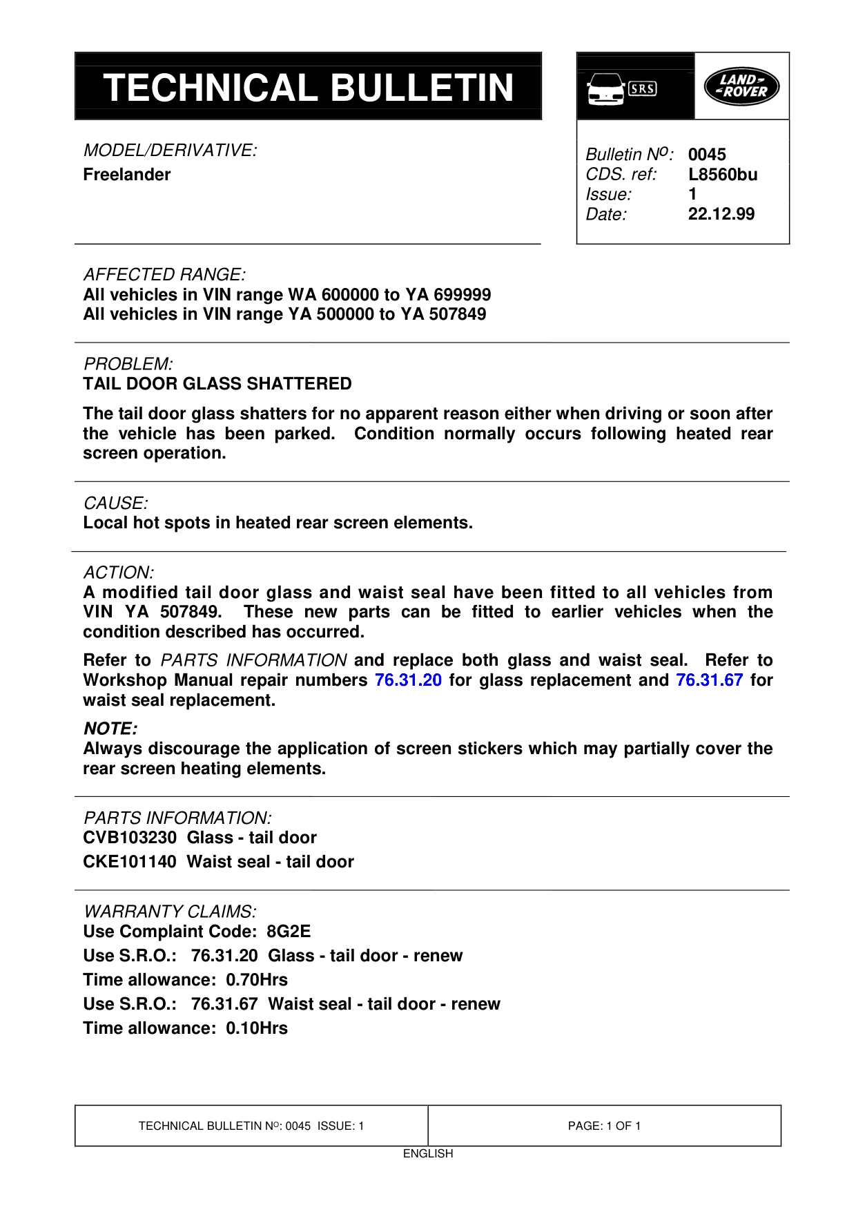 Tail Door Glass Shattered – bulletin page 1
