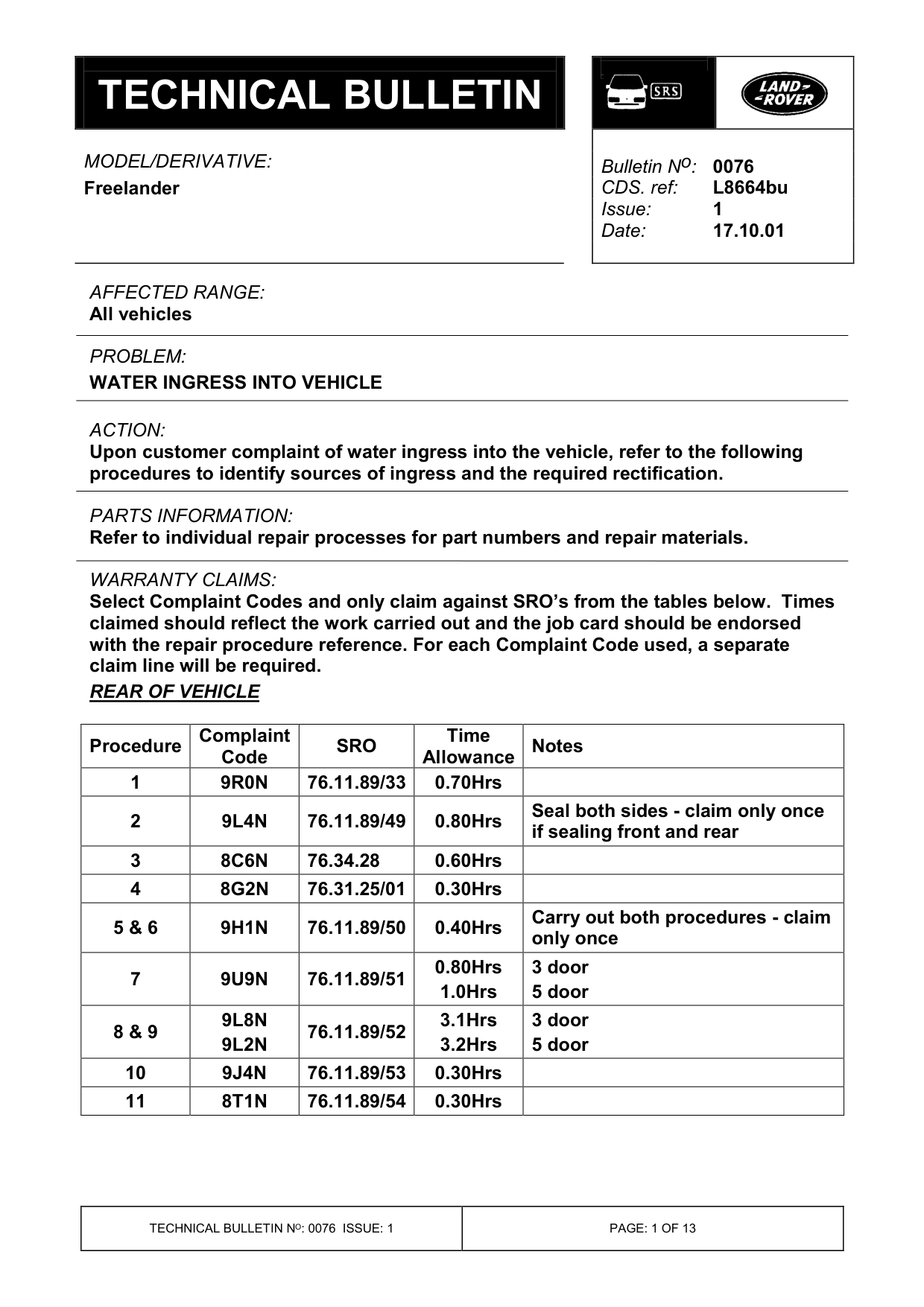 Water Ingress Into Vehicle – bulletin page 1