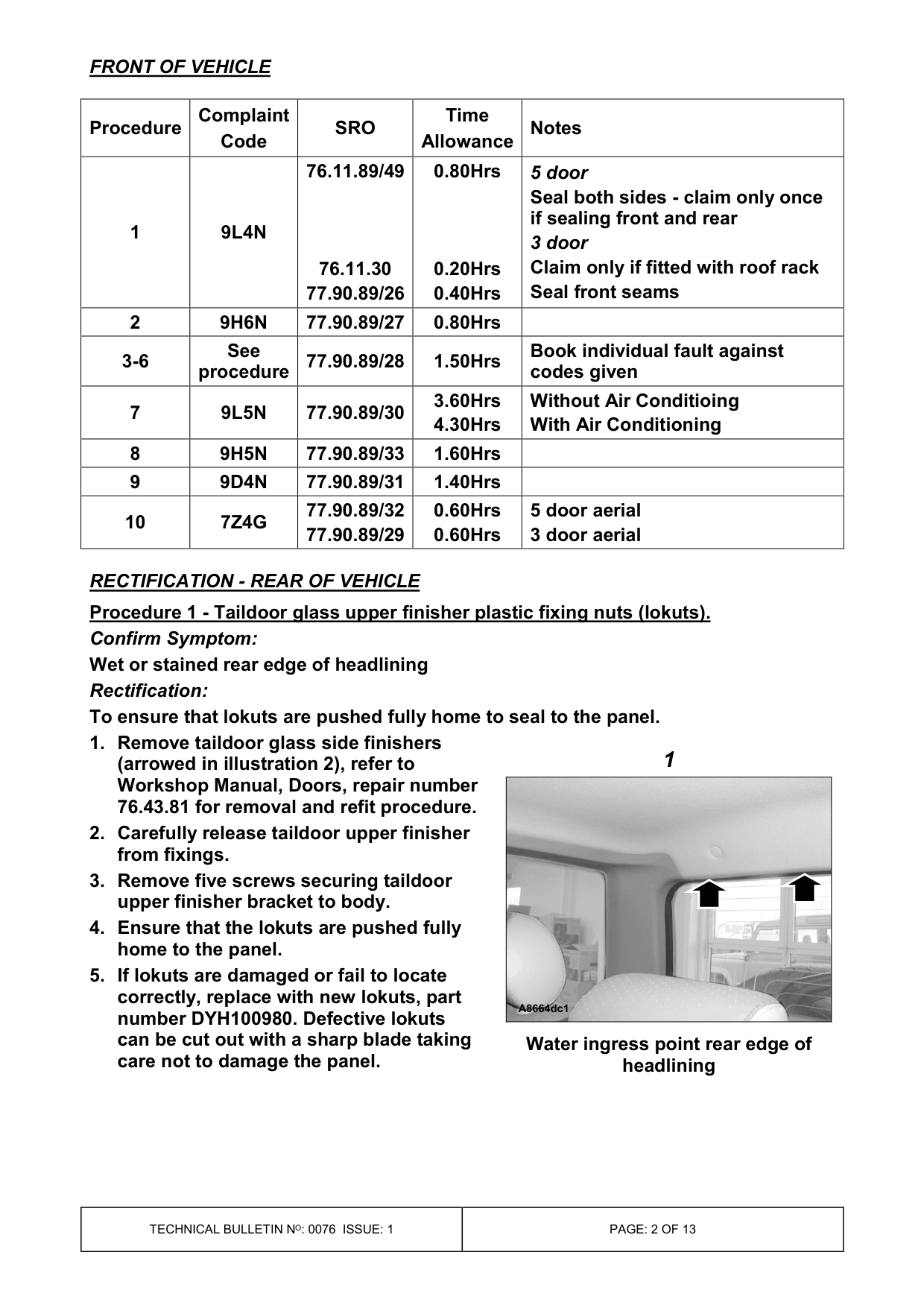Water Ingress Into Vehicle – bulletin page 2