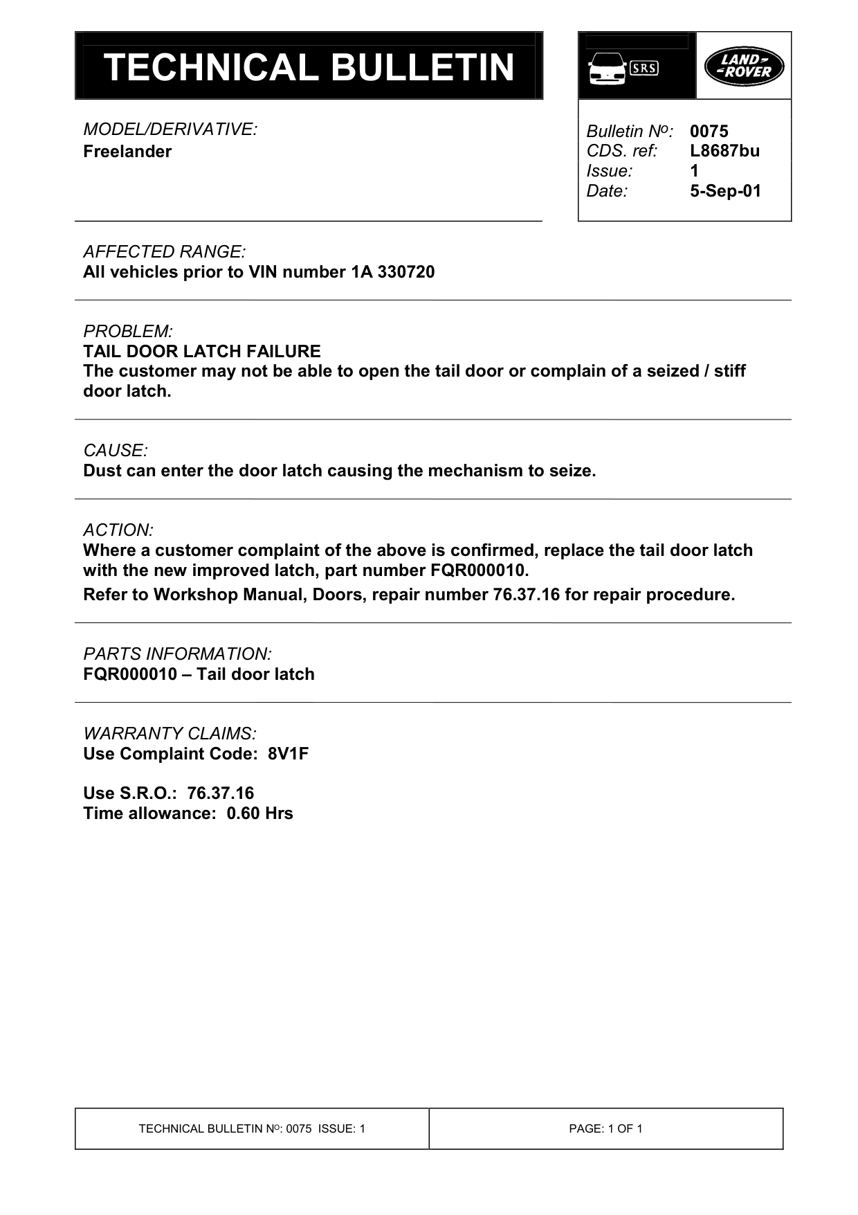Tail Door Latch Failure – bulletin page 1