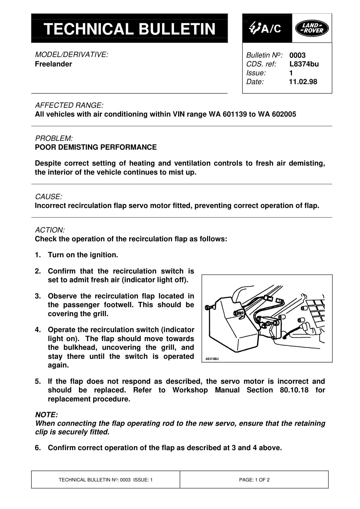 Poor Demisting Performance – bulletin page 1