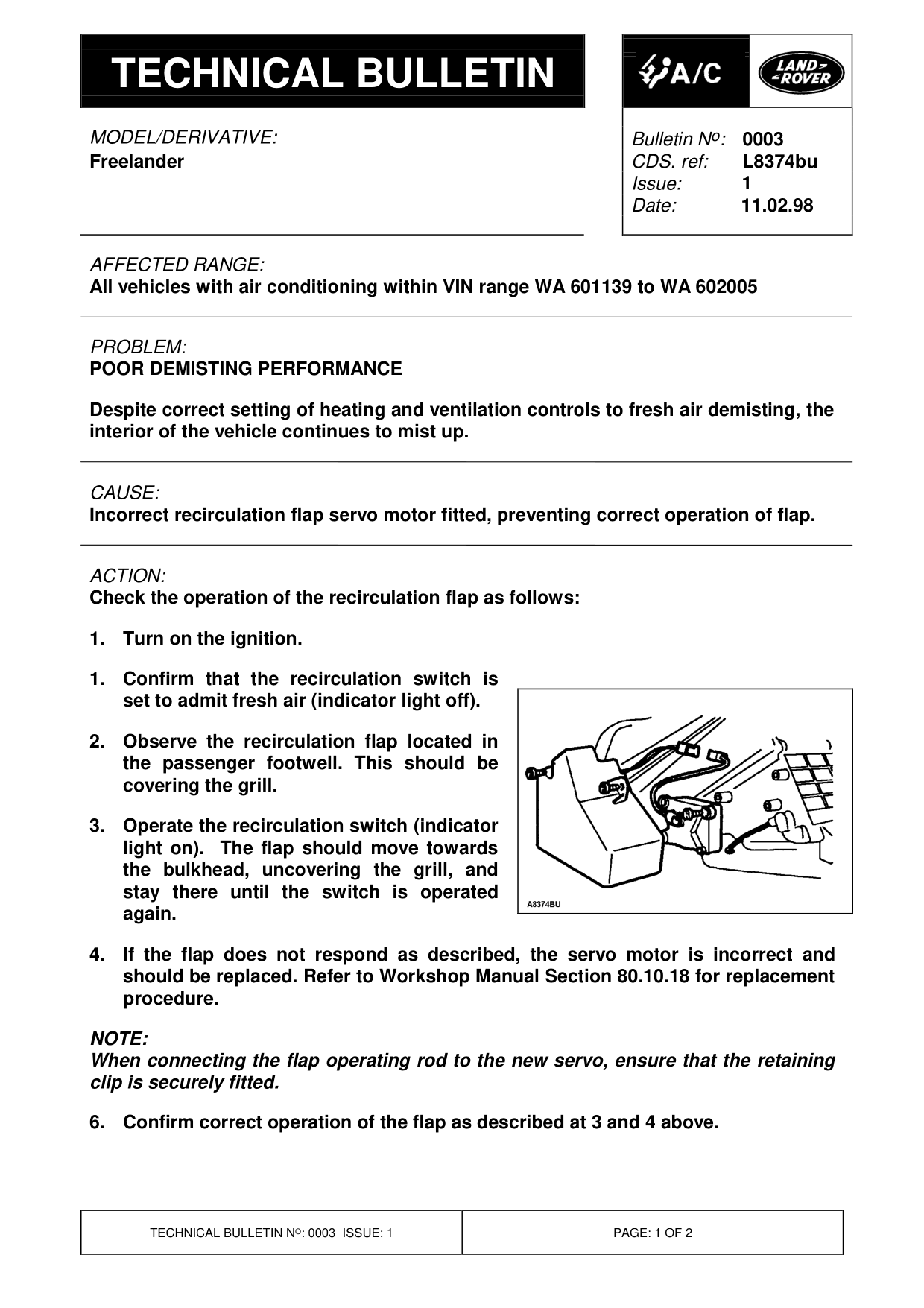 Poor Demisting Performance – bulletin page 1
