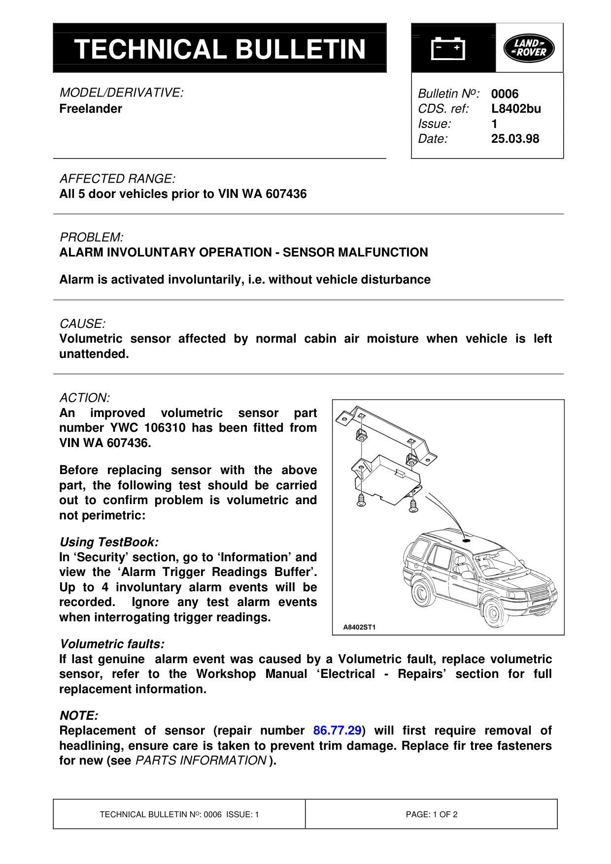 Alarm Involuntary Operation - Sensor Malfunction – bulletin page 1