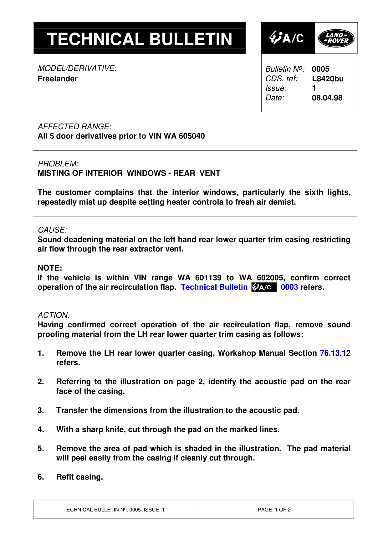 Misting Of Interior Windows - Rear Vent – bulletin page 1