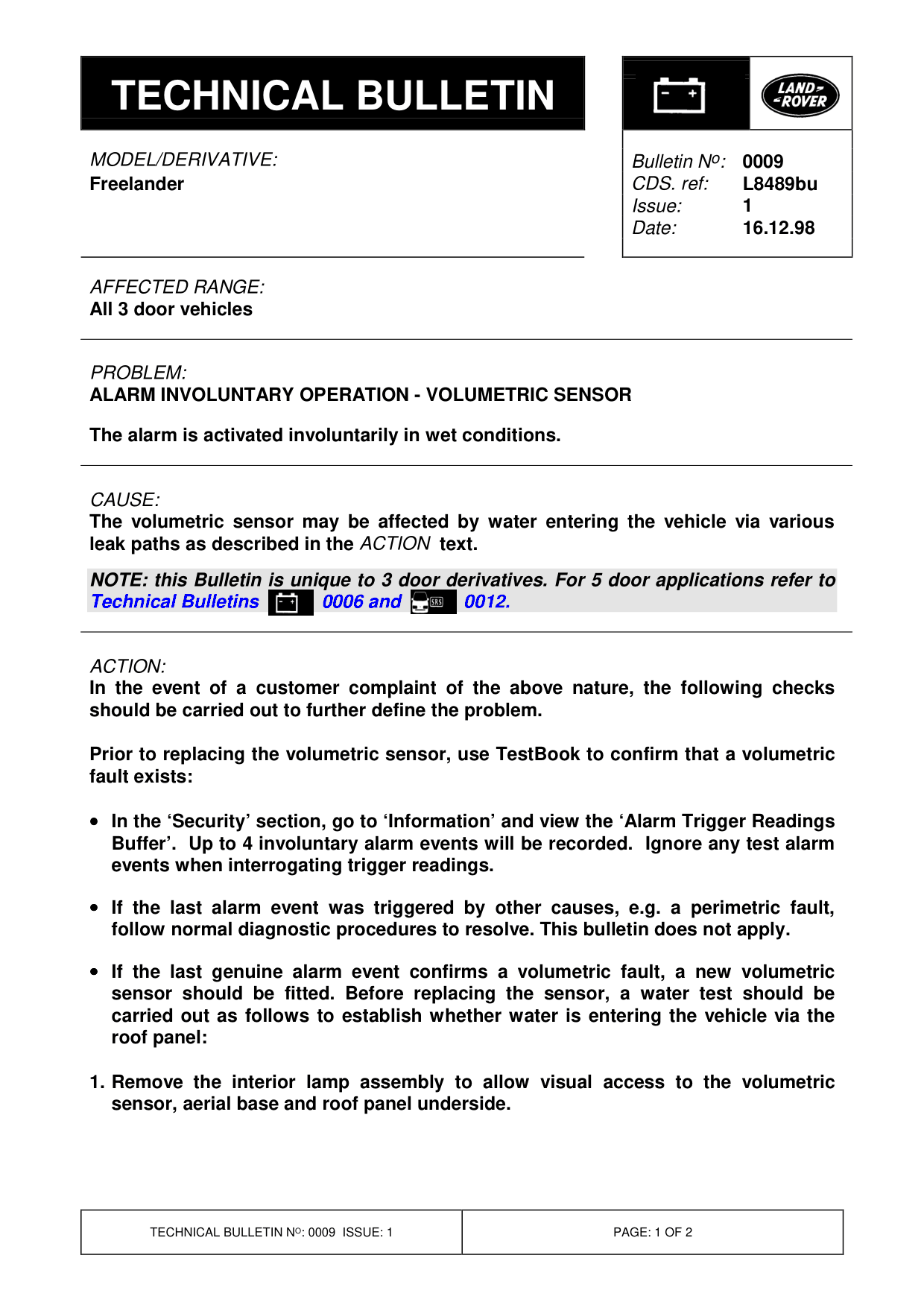 Alarm Involuntary Operation - Volumetric Sensor – bulletin page 1