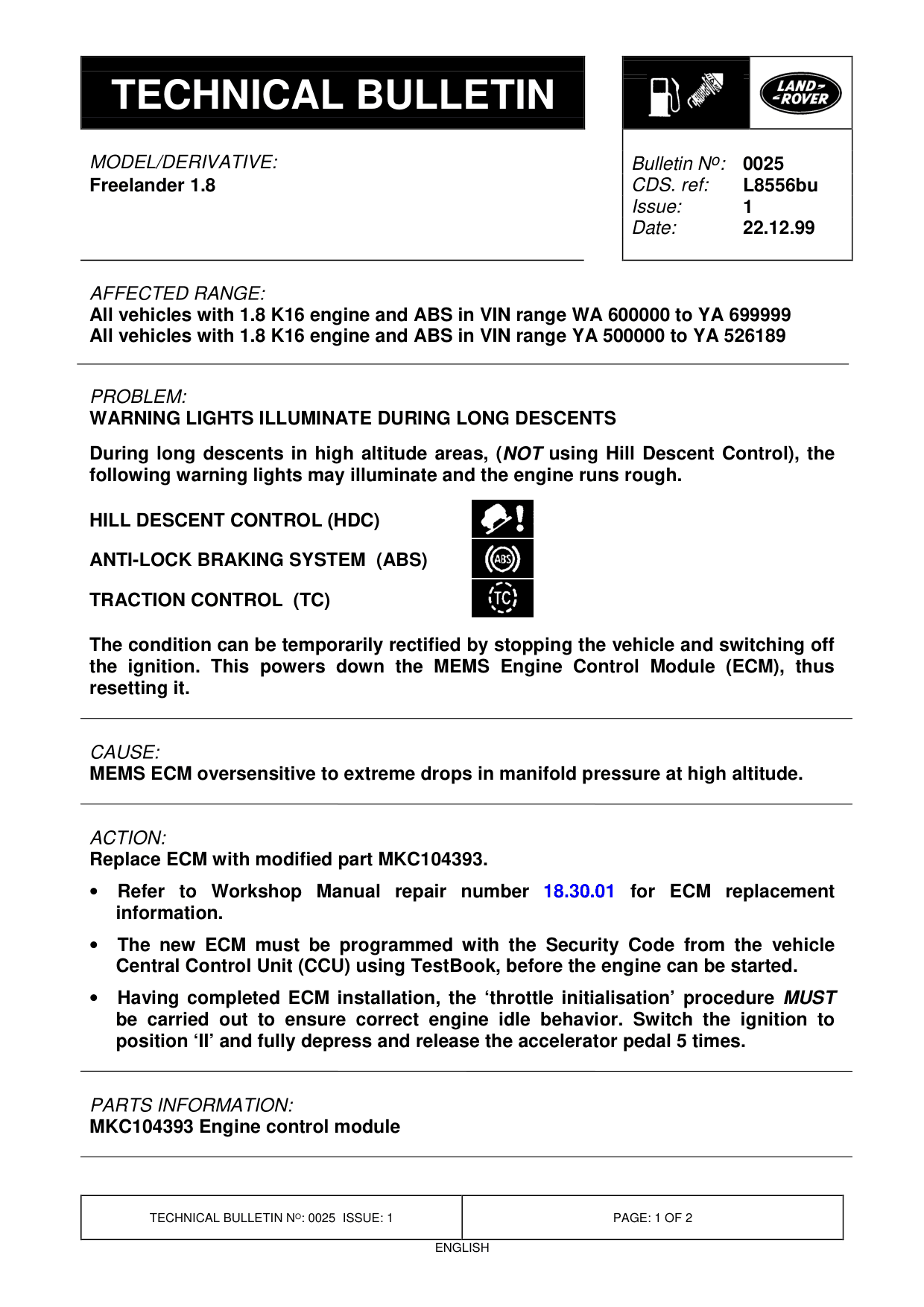 Warning Lights Illuminate During Long Descents – bulletin page 1