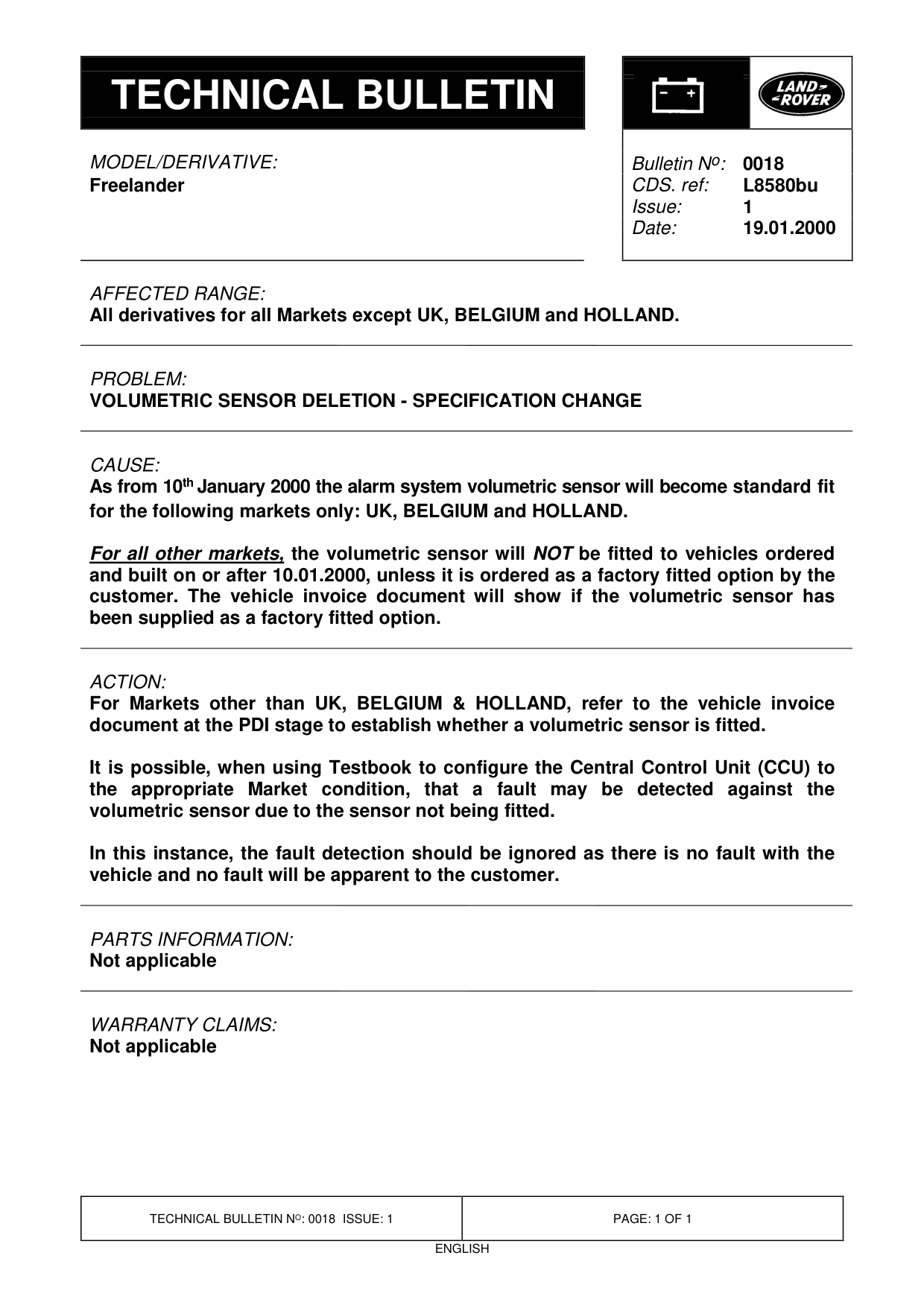 Volumetric Sensor Deletion - Specification Change – bulletin page 1