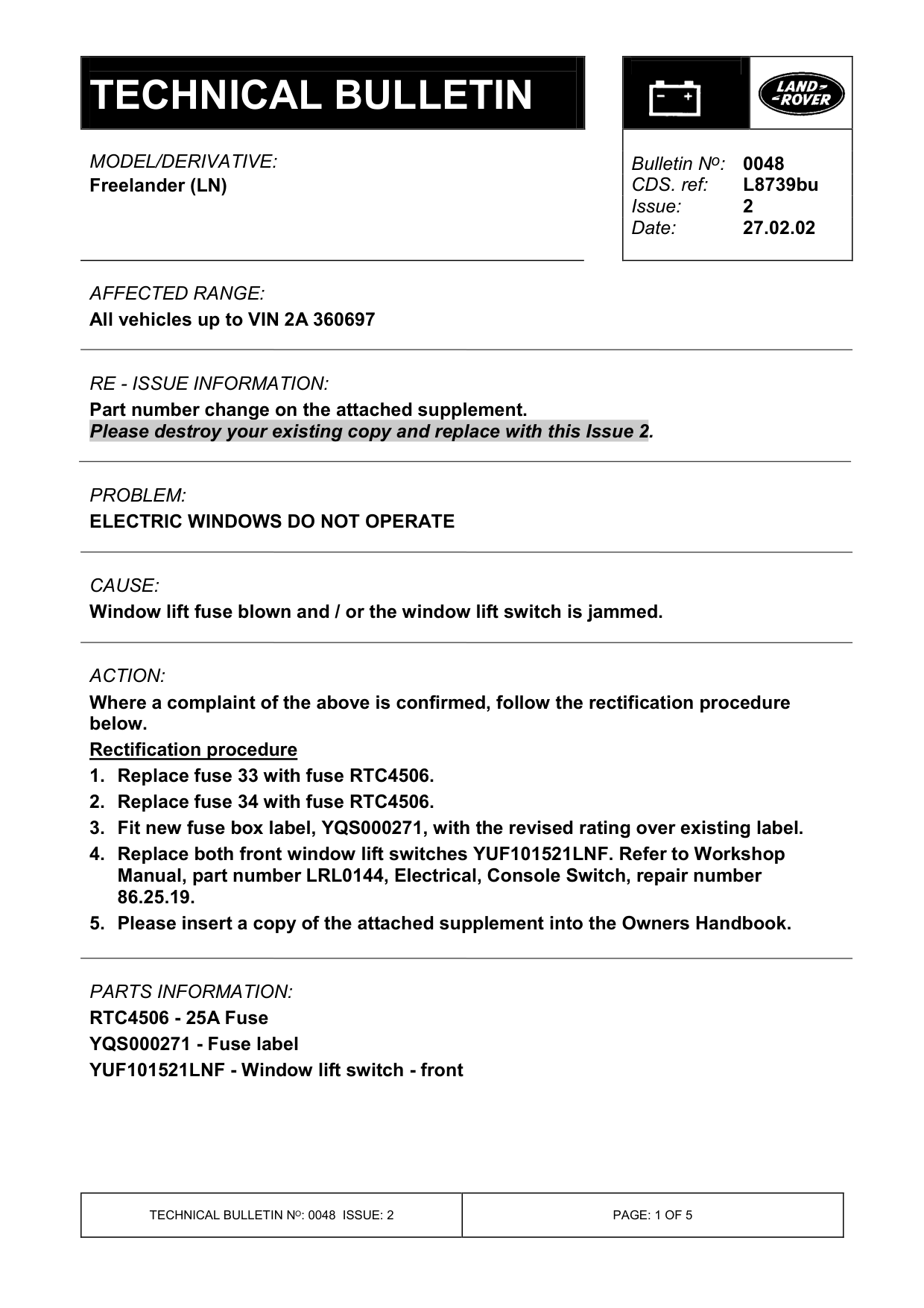 Electric Windows Do Not Operate – bulletin page 1