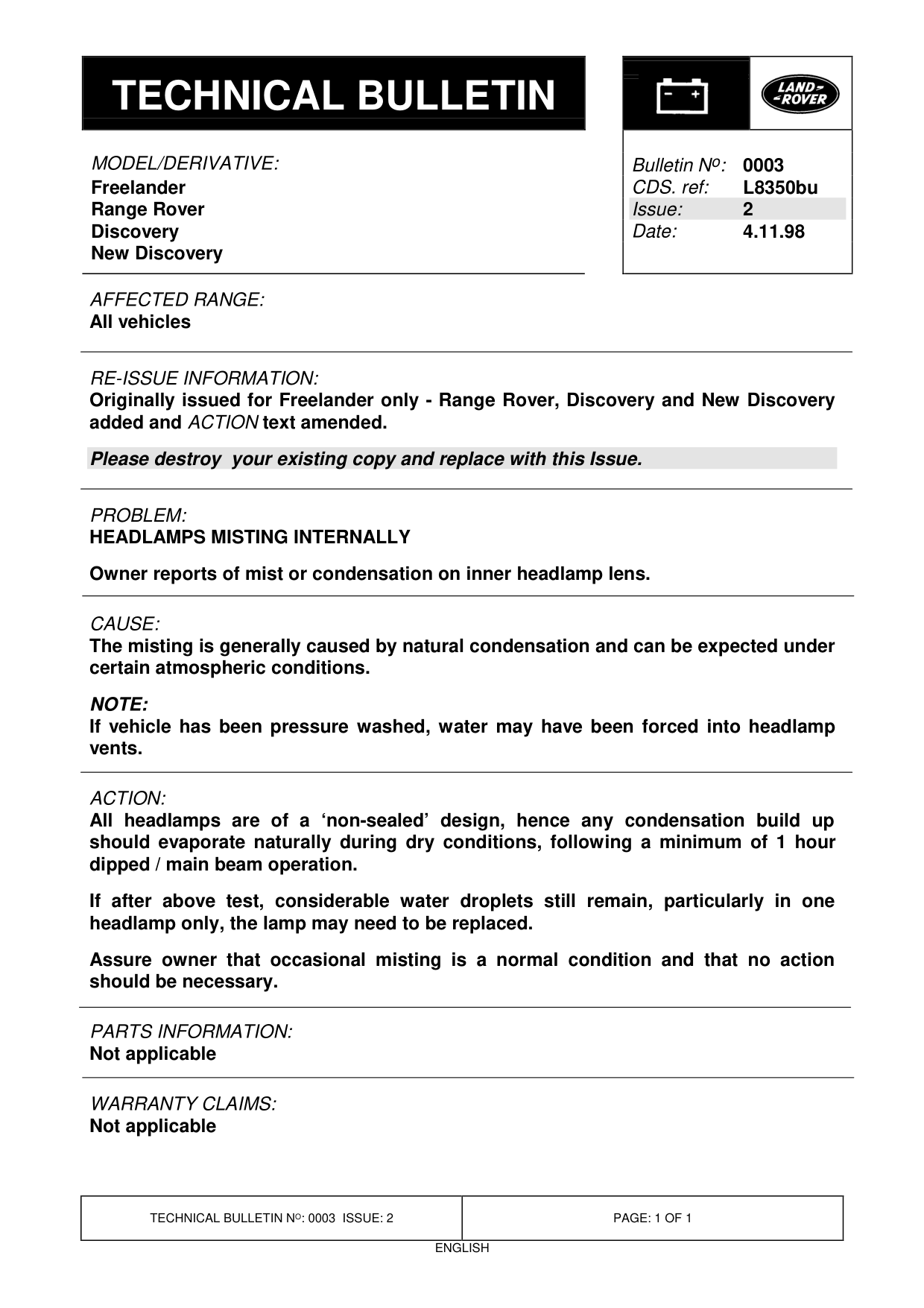 Headlamps Misting Internally – bulletin page 1