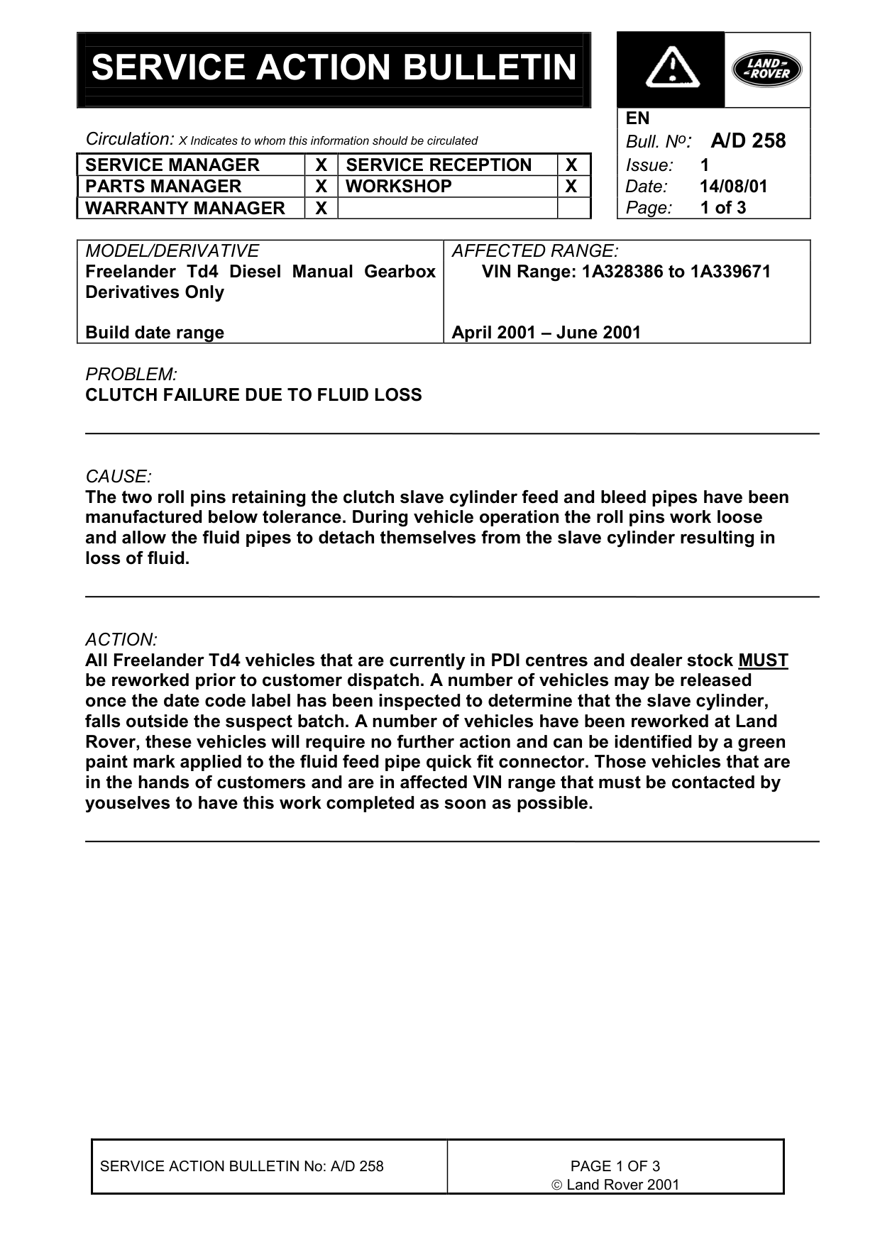 Clutch Failure Due To Fluid Loss – bulletin page 1