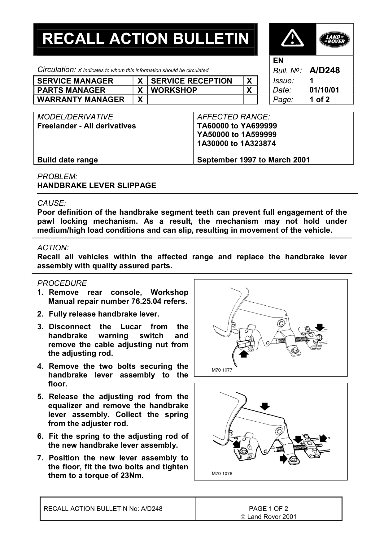 Handbrake Lever Slippage – bulletin page 1