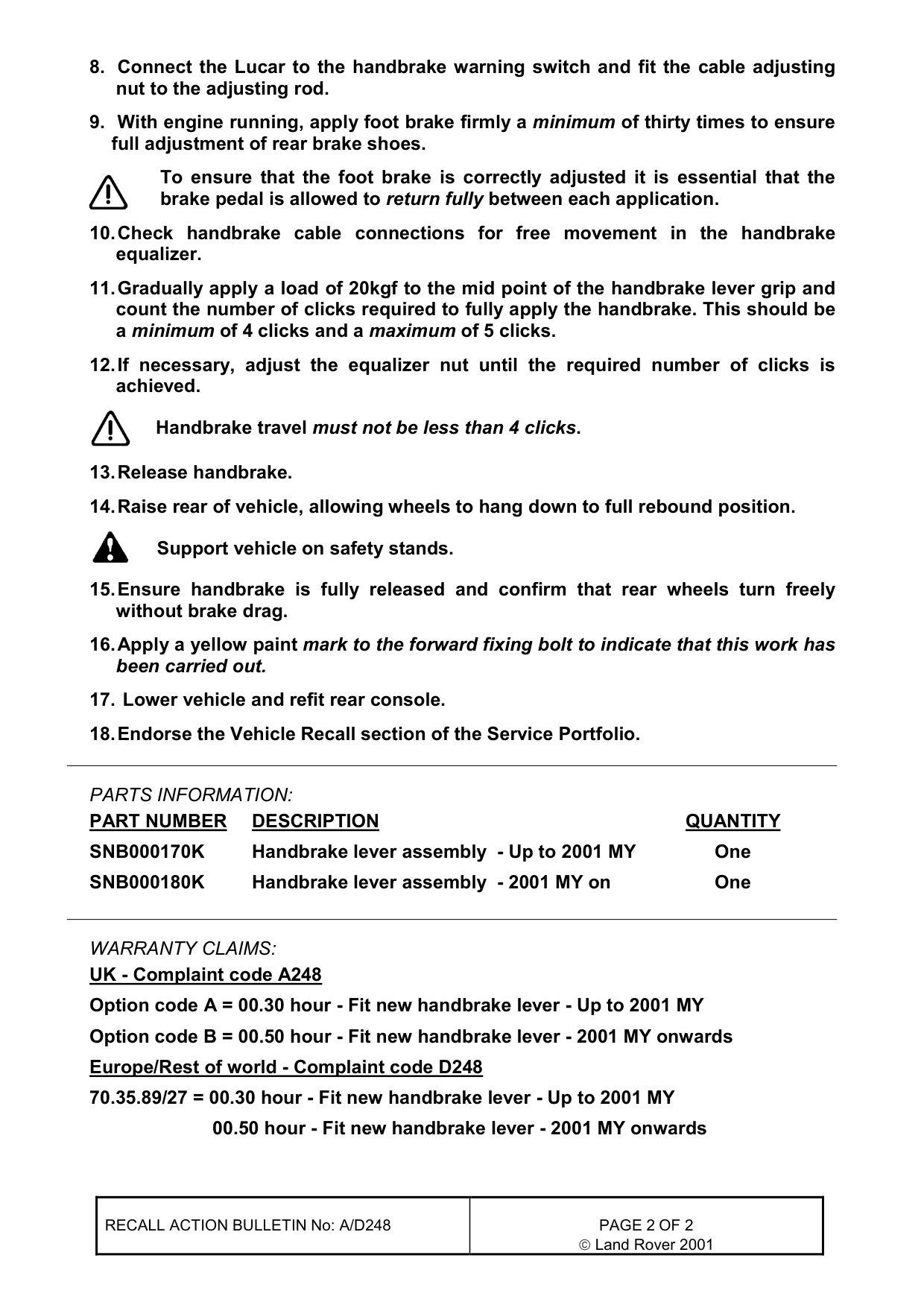 Handbrake Lever Slippage – bulletin page 2