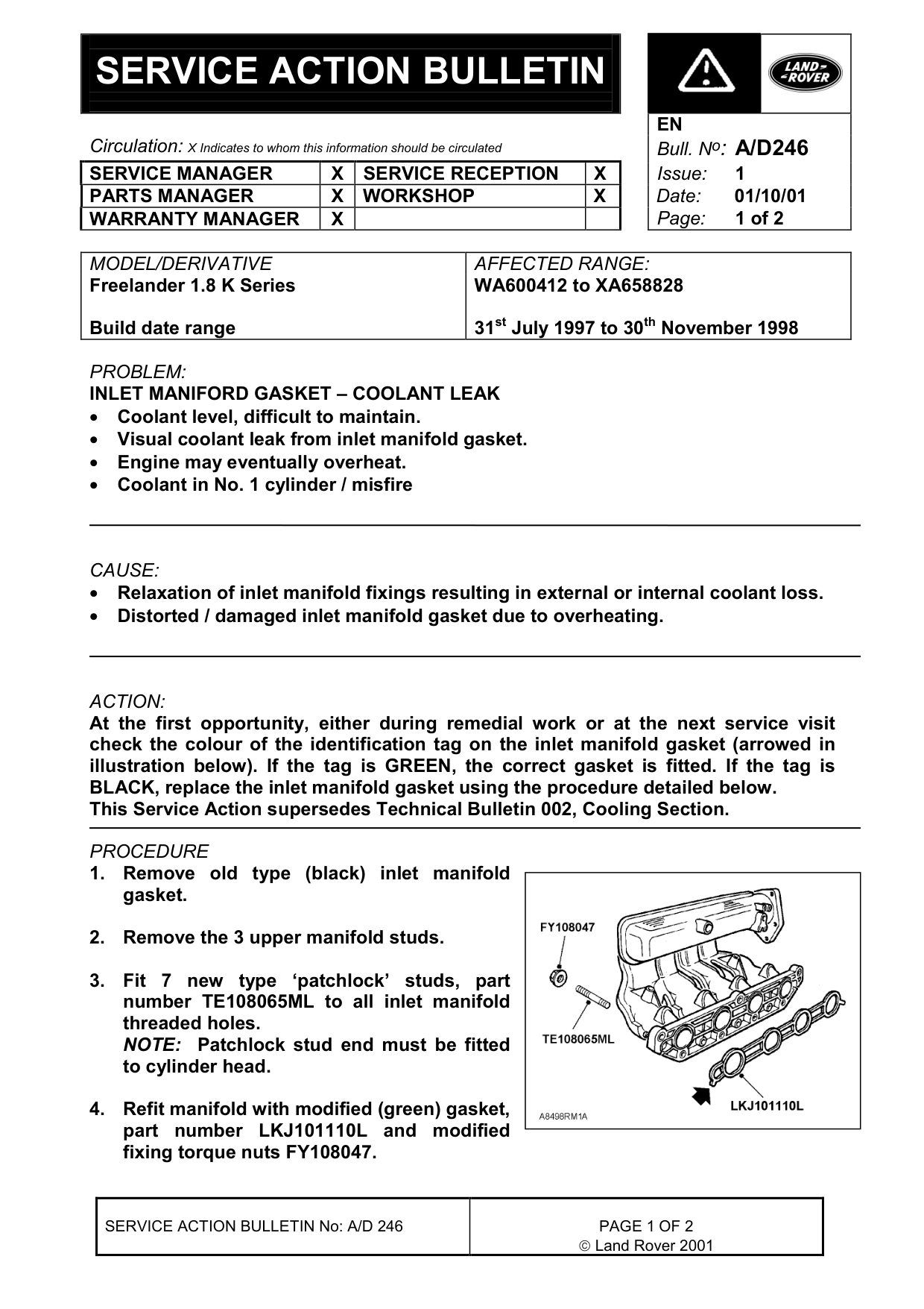 Inlet Manifold Gasket - Coolant Leak – bulletin page 1
