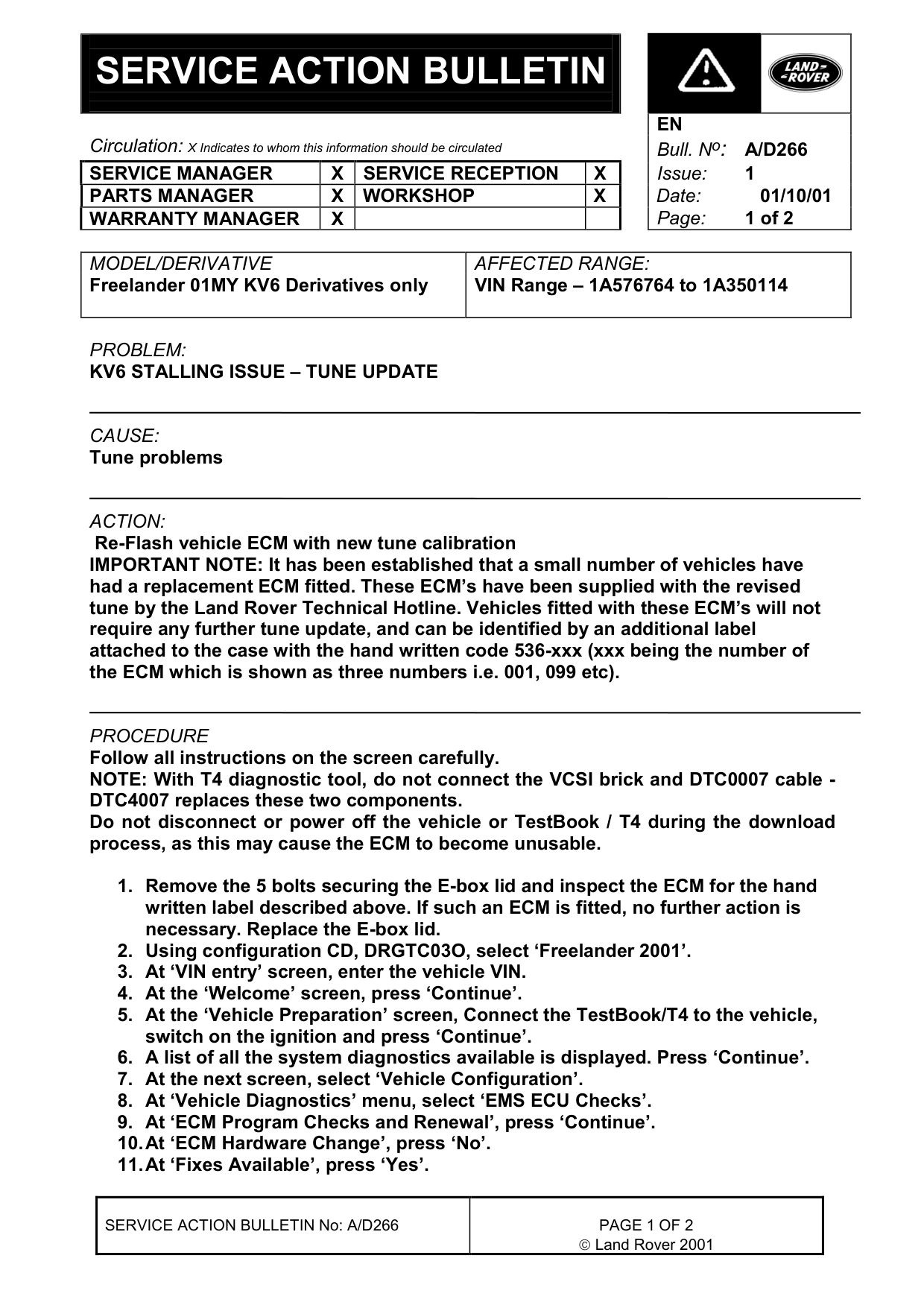 Kv6 Stalling Issue - Tune Update – bulletin page 1