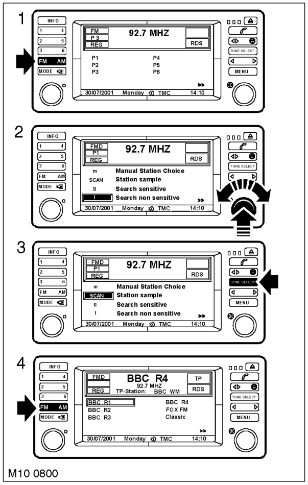 Vehicle interior – Models fitted with Hi Line Multi Function Display (MFD) only: Set time, date and radio aud