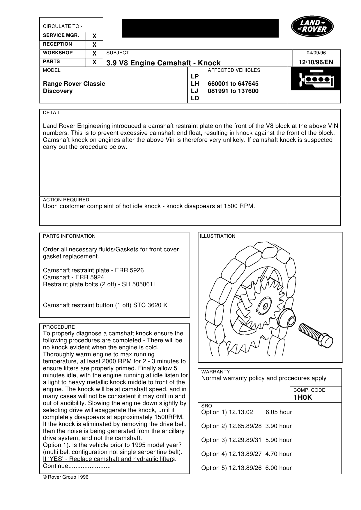 3.9 V8 Engine Camshaft - Knock – bulletin page 1
