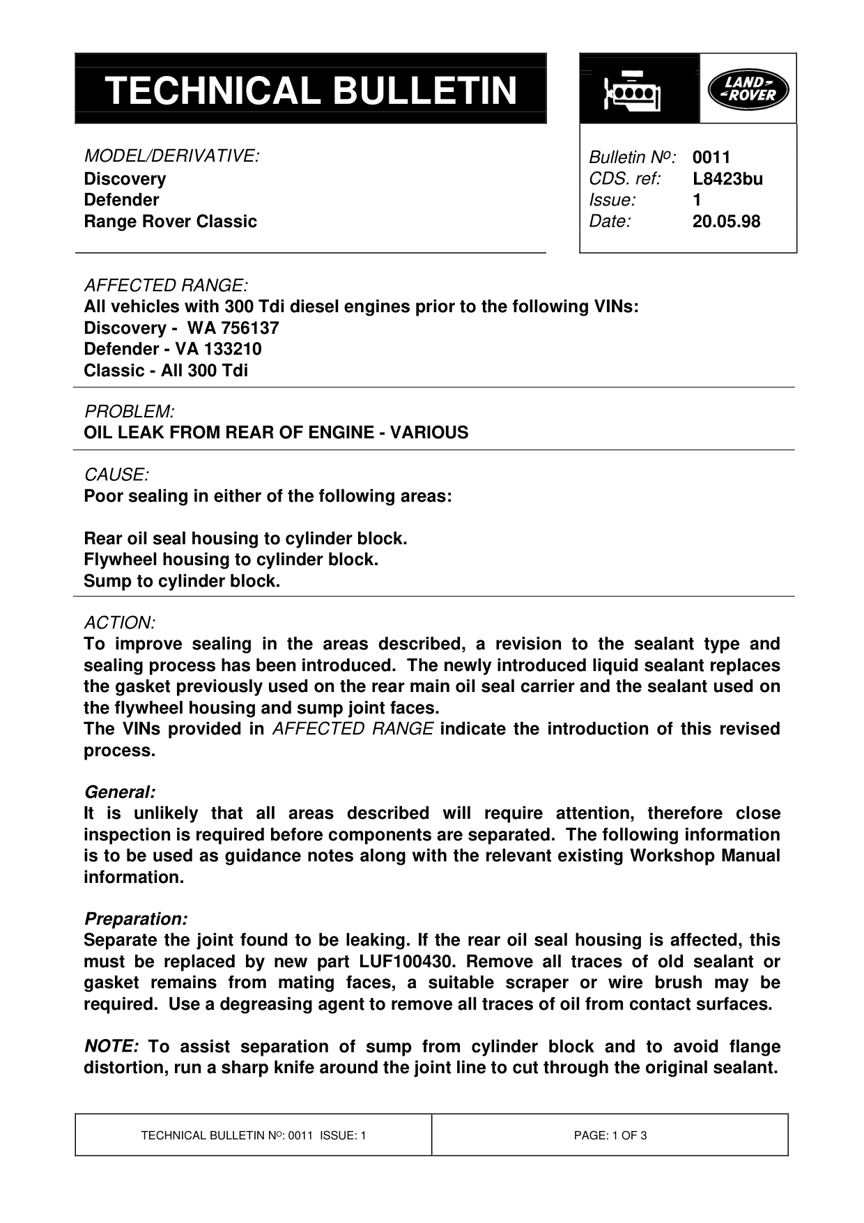 Oil Leak From Rear Of Engine - Various – bulletin page 1