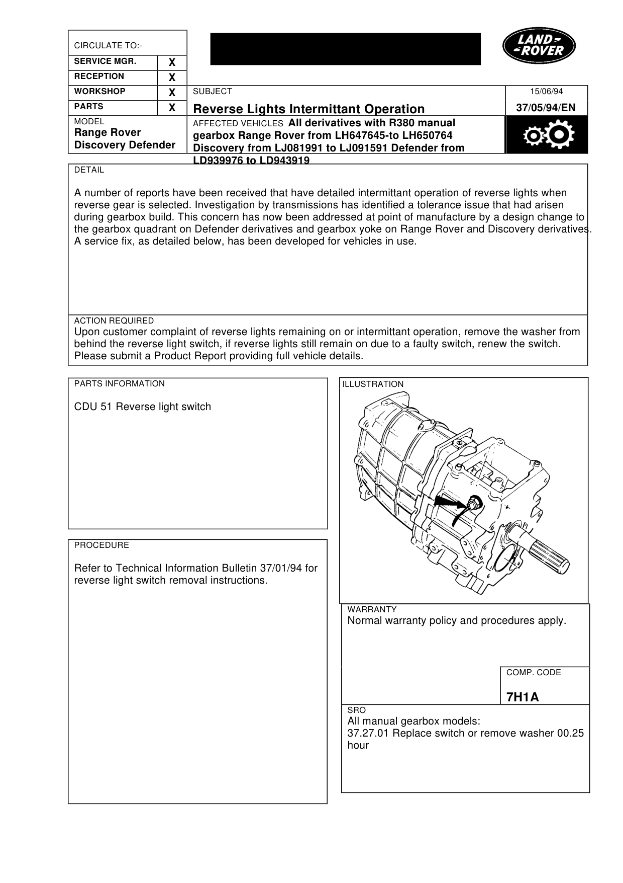 Reverse Lights Intermittant Operation R380 – bulletin page 1