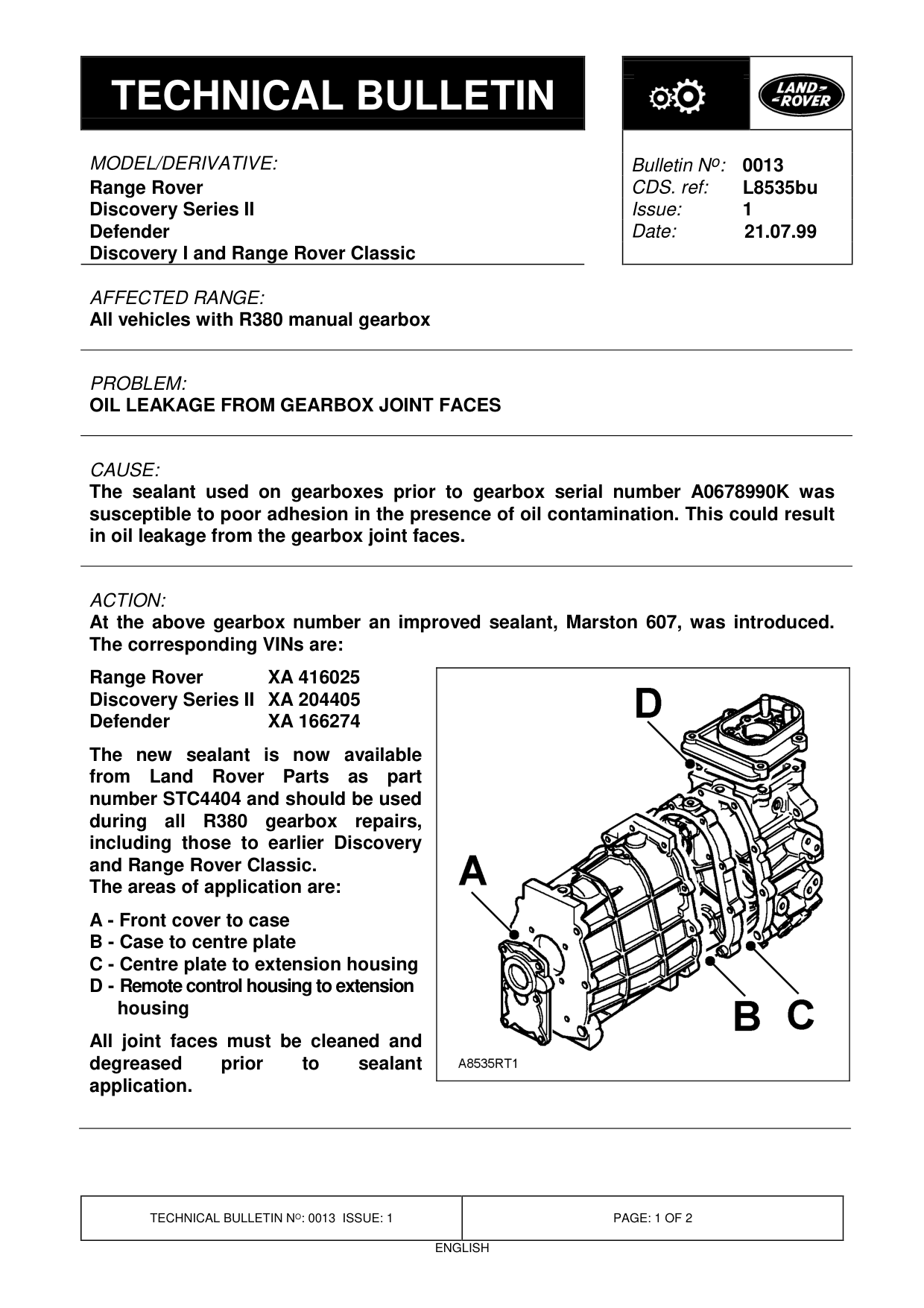Oil Leakage From Gearbox Joint Faces – bulletin page 1