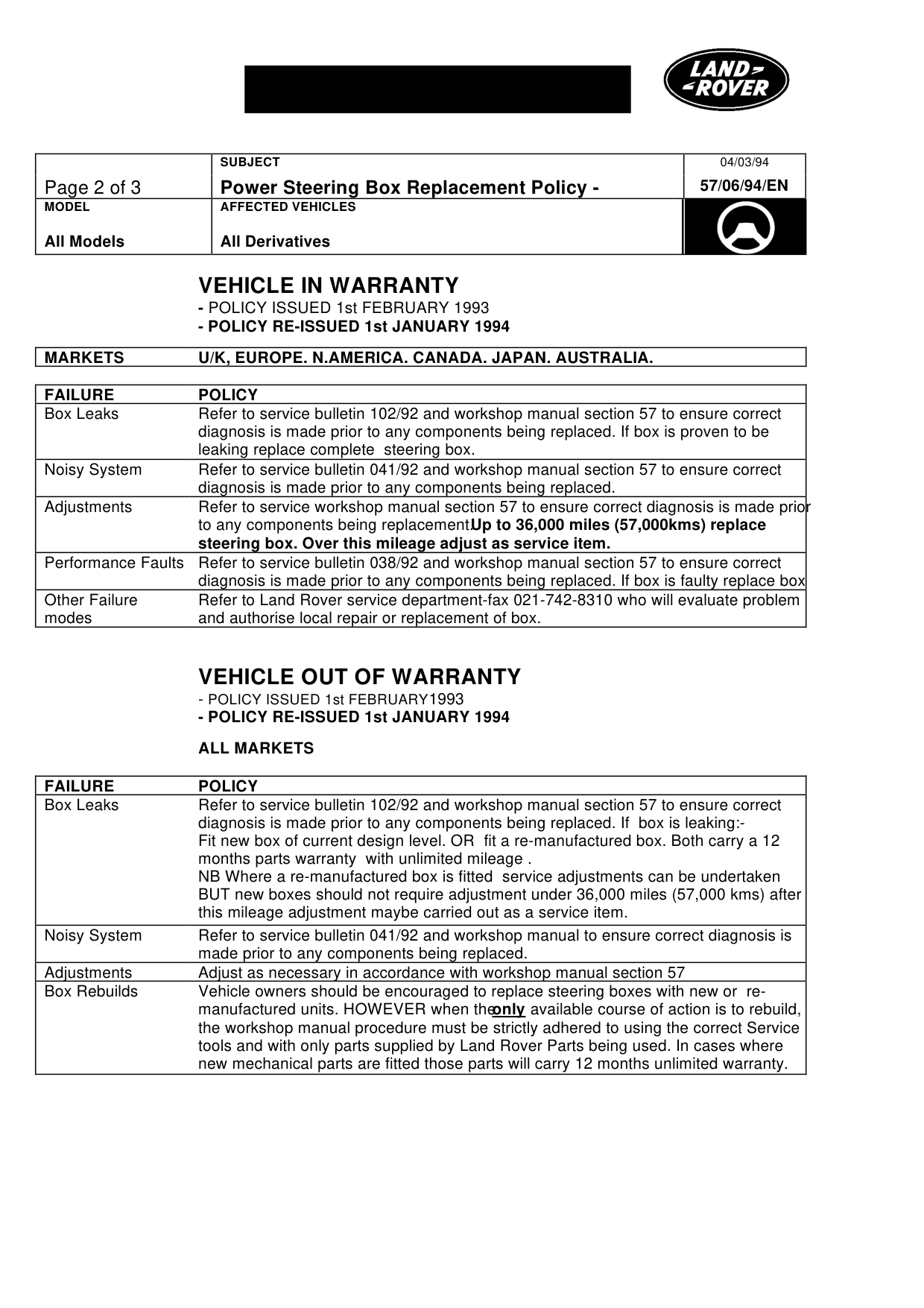 Adwest Power Steering Box Replacement – bulletin page 2
