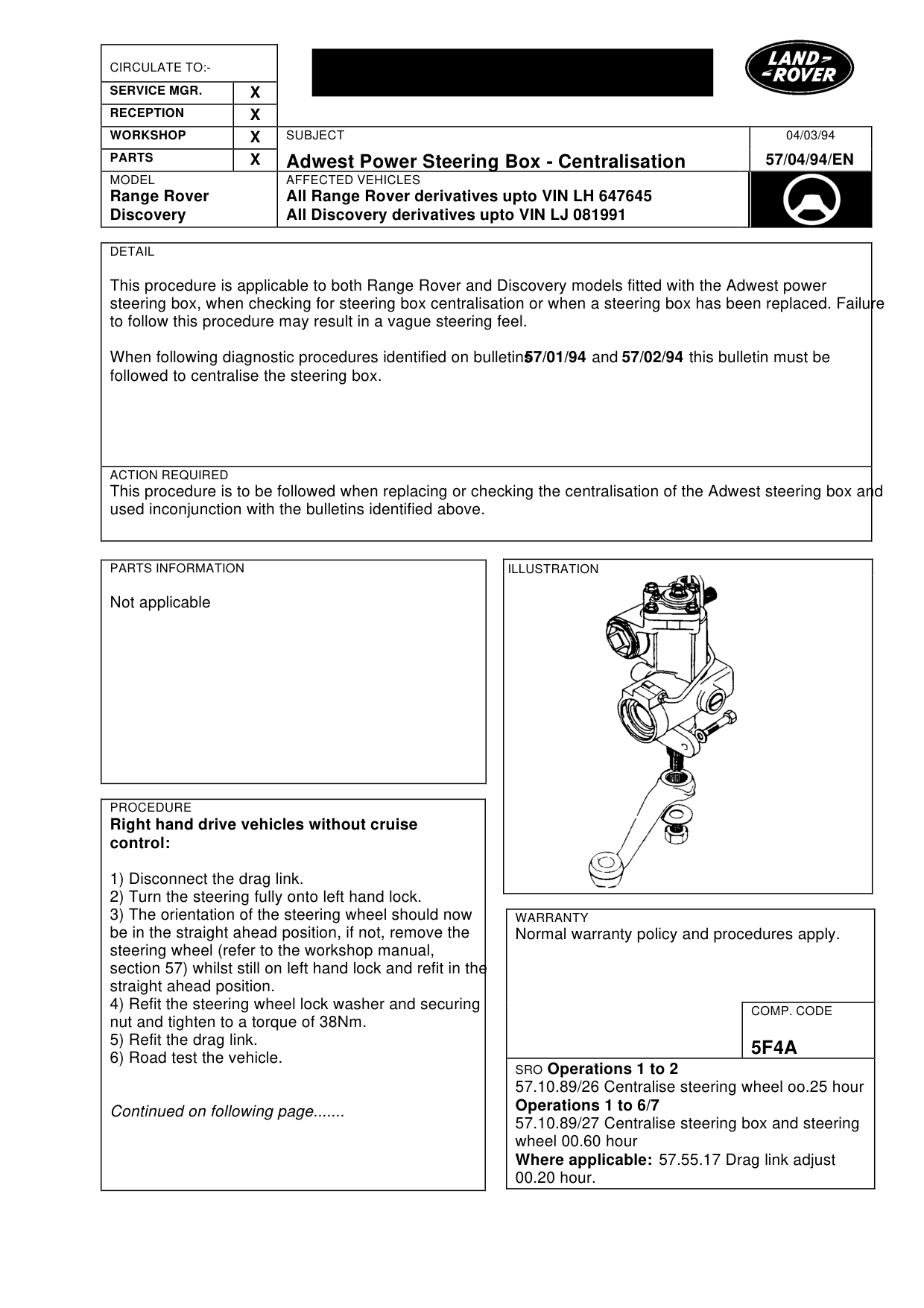 Adwest Power Steering Box-Centralisation – bulletin page 1