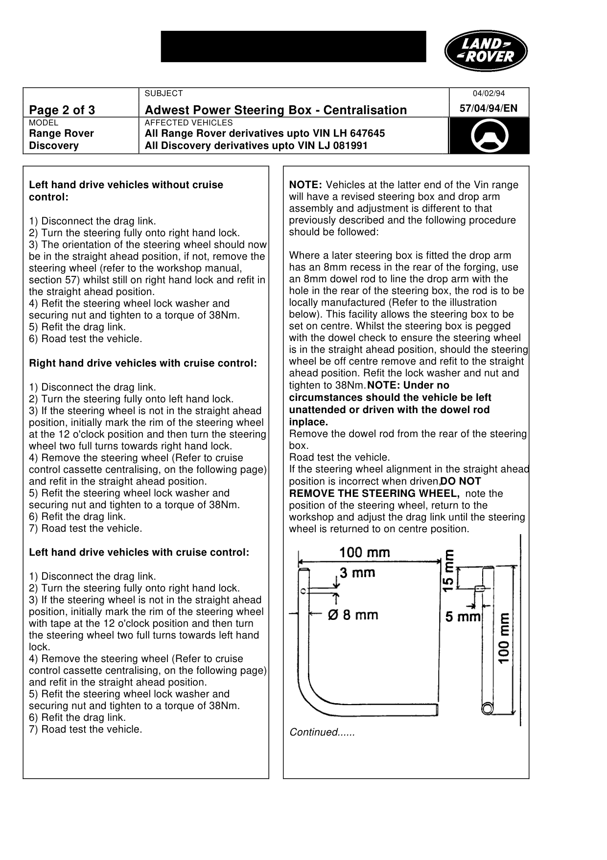 Adwest Power Steering Box-Centralisation – bulletin page 2